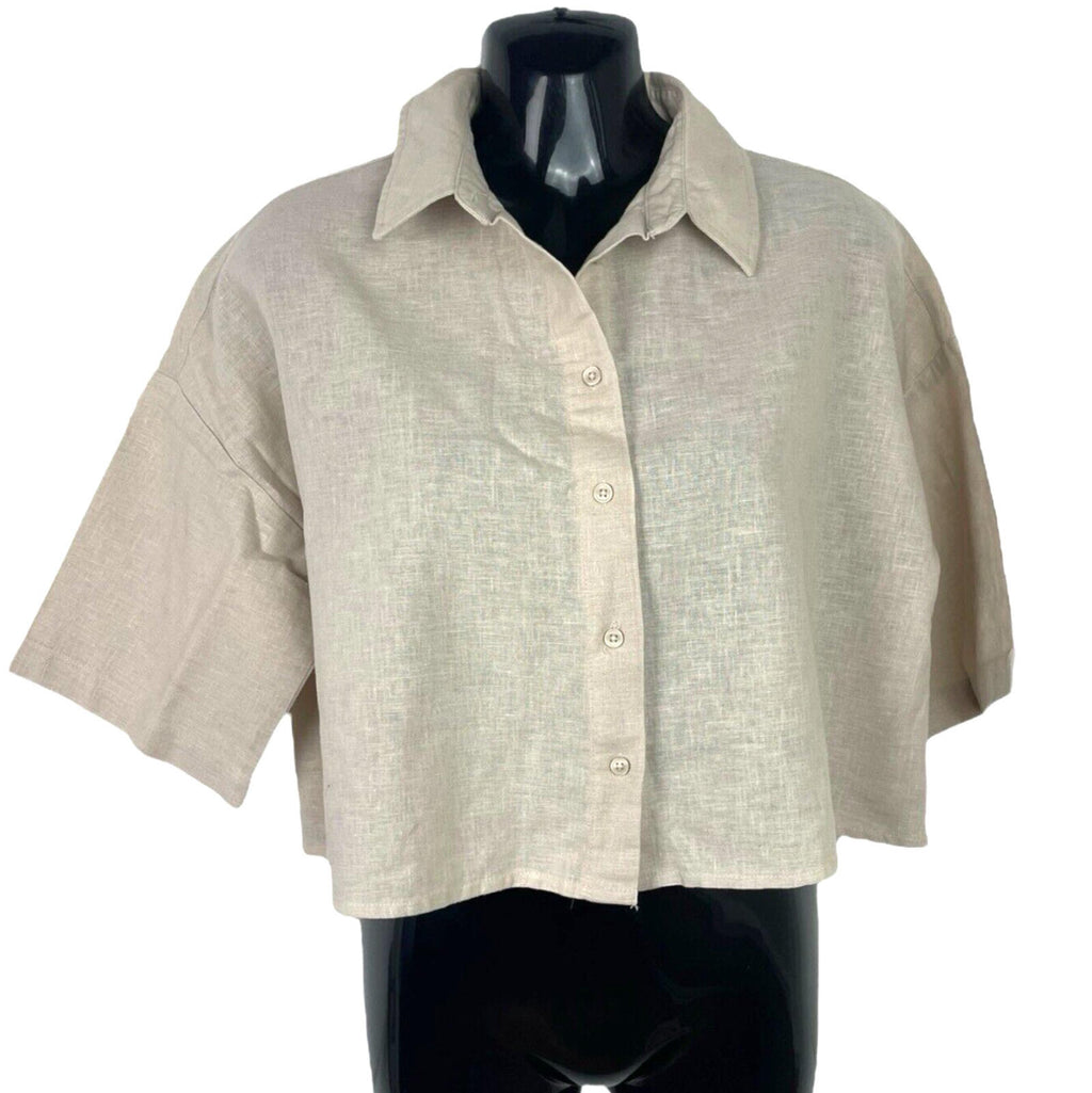 Primark Linen Shirt Blouse Women’s UK Size 6 Cropped Relaxed Fit Beige Top