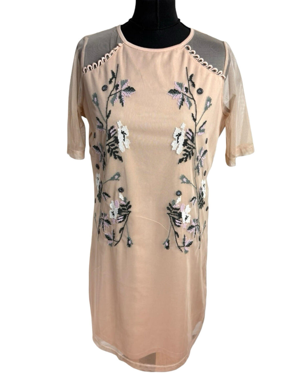 River Island Chiffon Mini Dress Women’s UK Size 12 Floral Embroidered Lined Pink