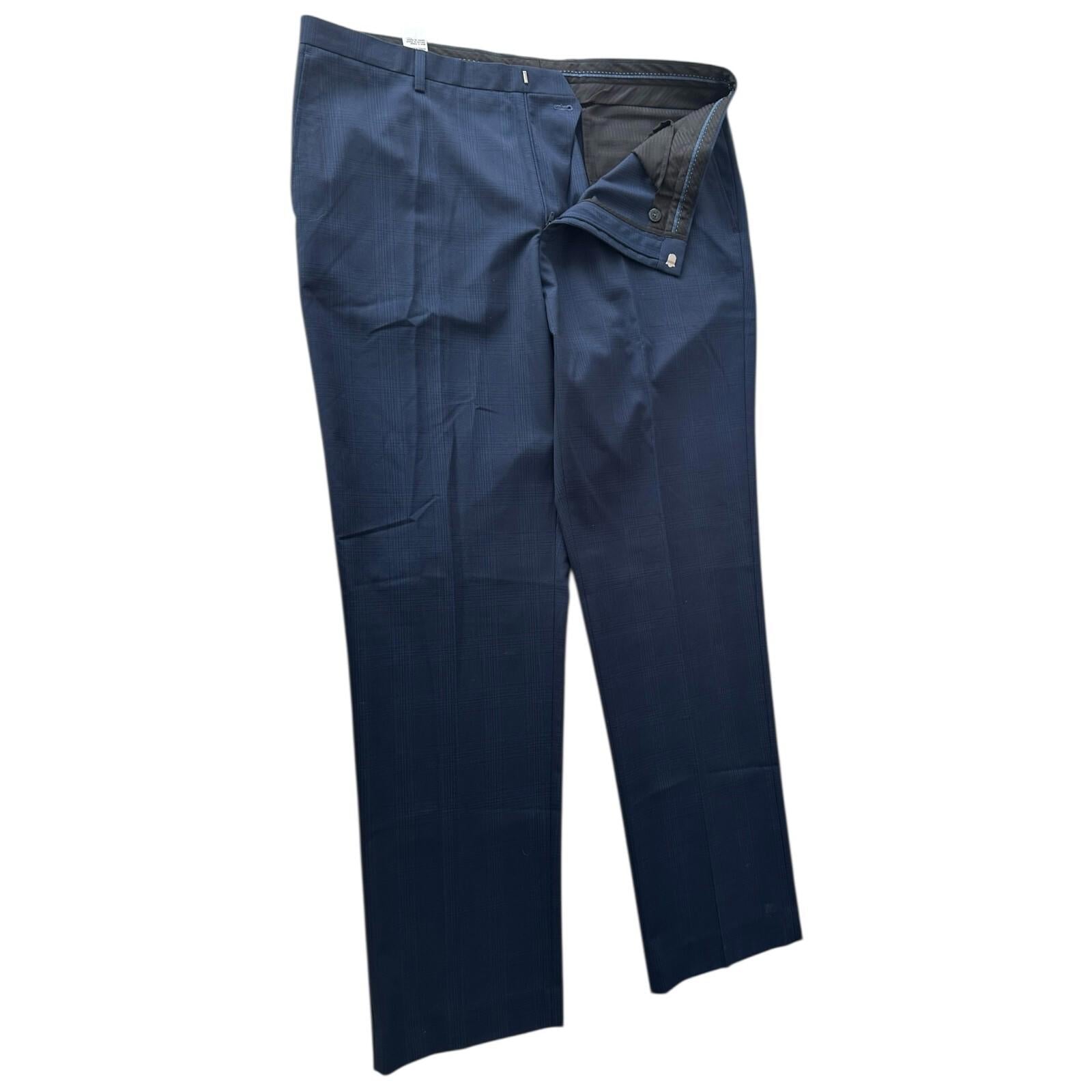 Tailered Fit Trousers Men's UK Size W38 L33 Navy Blue Check Formal Pleated Front