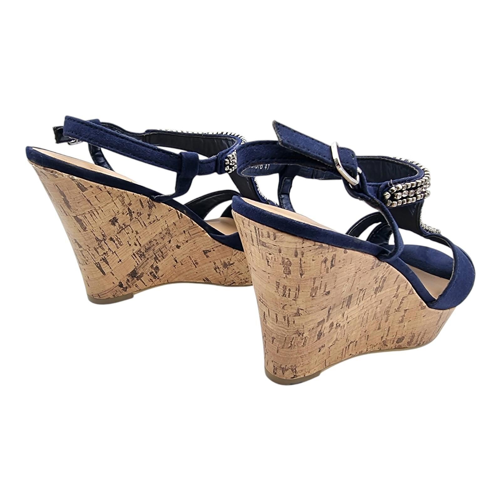 New Look Blue Suedette Wedge Sandals Embelished Straps Women's UK Size 6