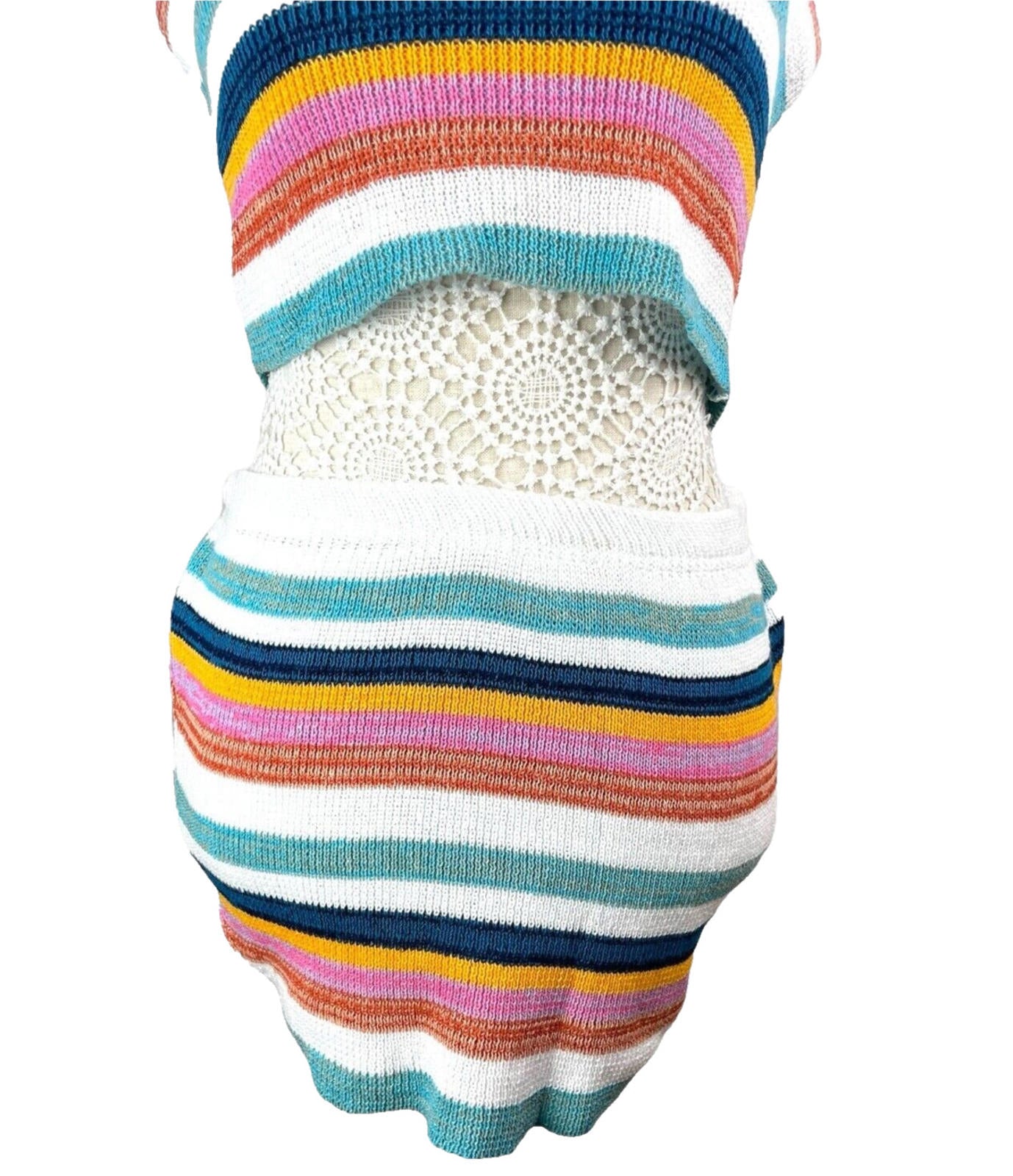 Striped Crochet Knit Two-Piece Set Women’s UK Size 8 Bandeau Crop Top & Skirt
