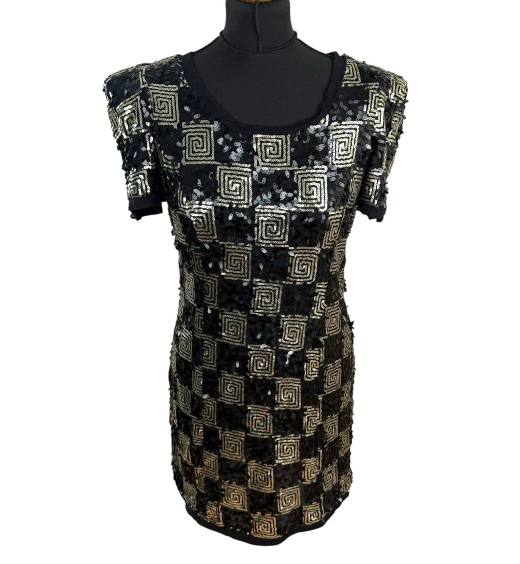 Made By Miso Sequin Mini Dress Black Gold Check Sparkle Women’s UK Size 14