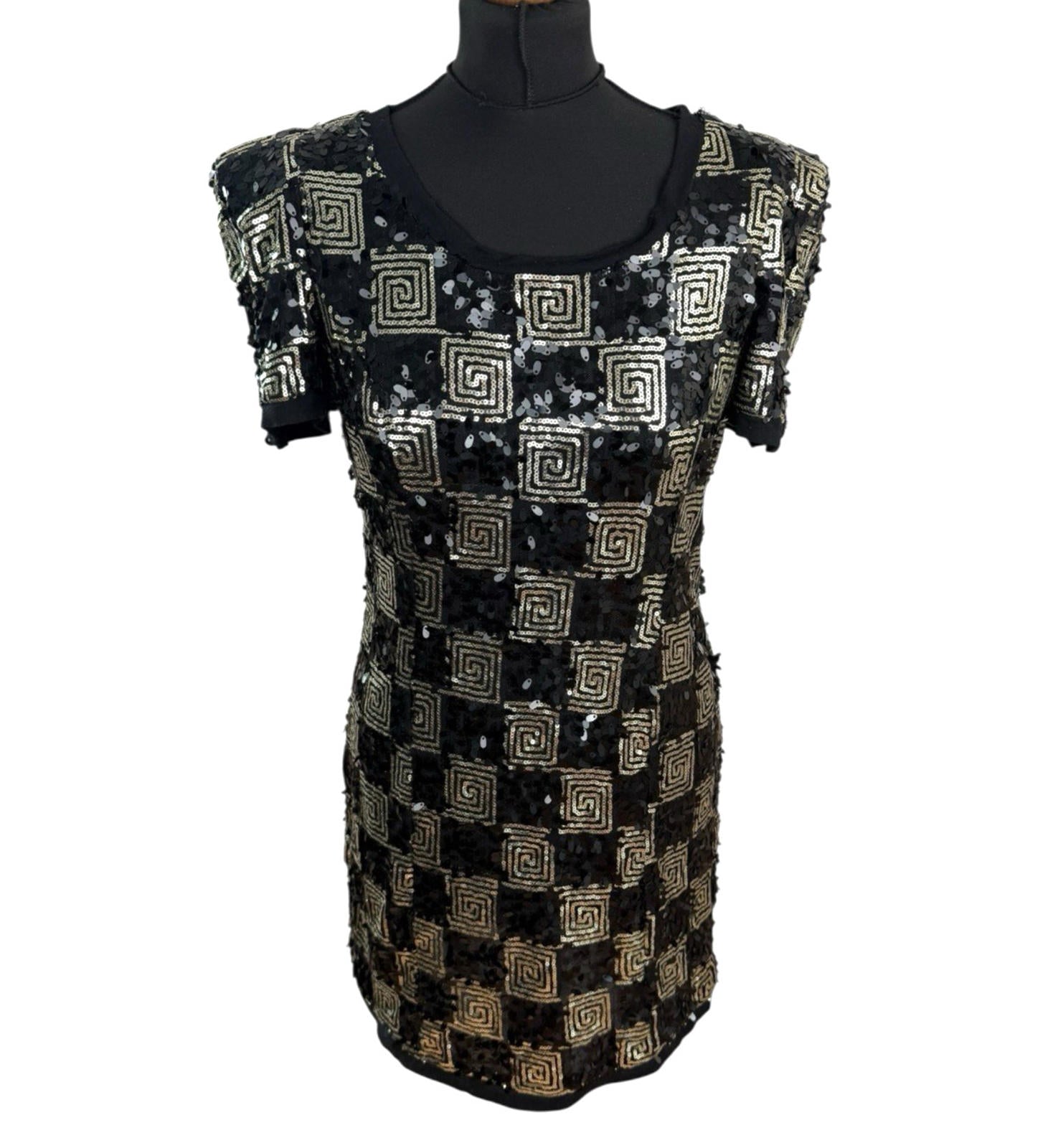 Made By Miso Sequin Mini Dress Black Gold Check Sparkle Women’s UK Size 14