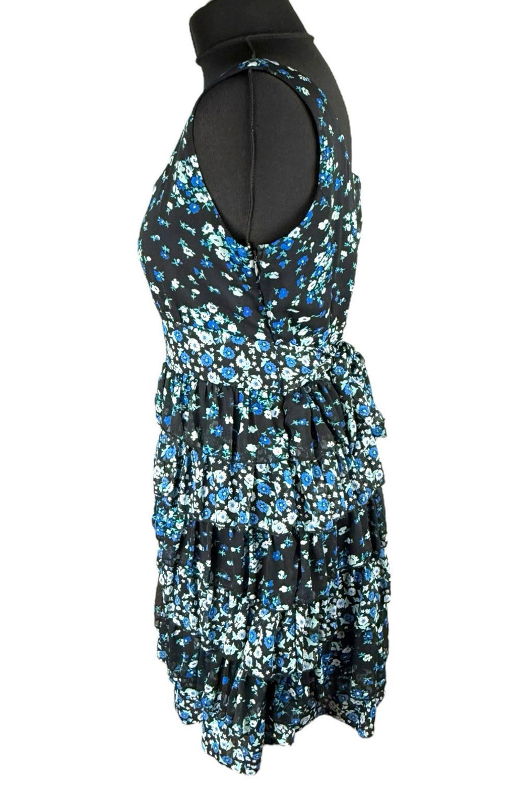 Austin Black Floral Mini Dress Ruffle Layers Tie Back Women’s UK Size 18