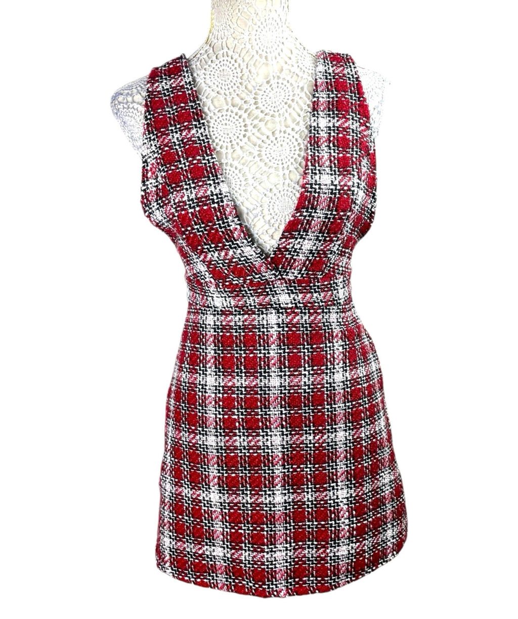 New Look Red Tartan Pinafore Mini Dress Women’s UK Size 8 Petite Boucle Tweed
