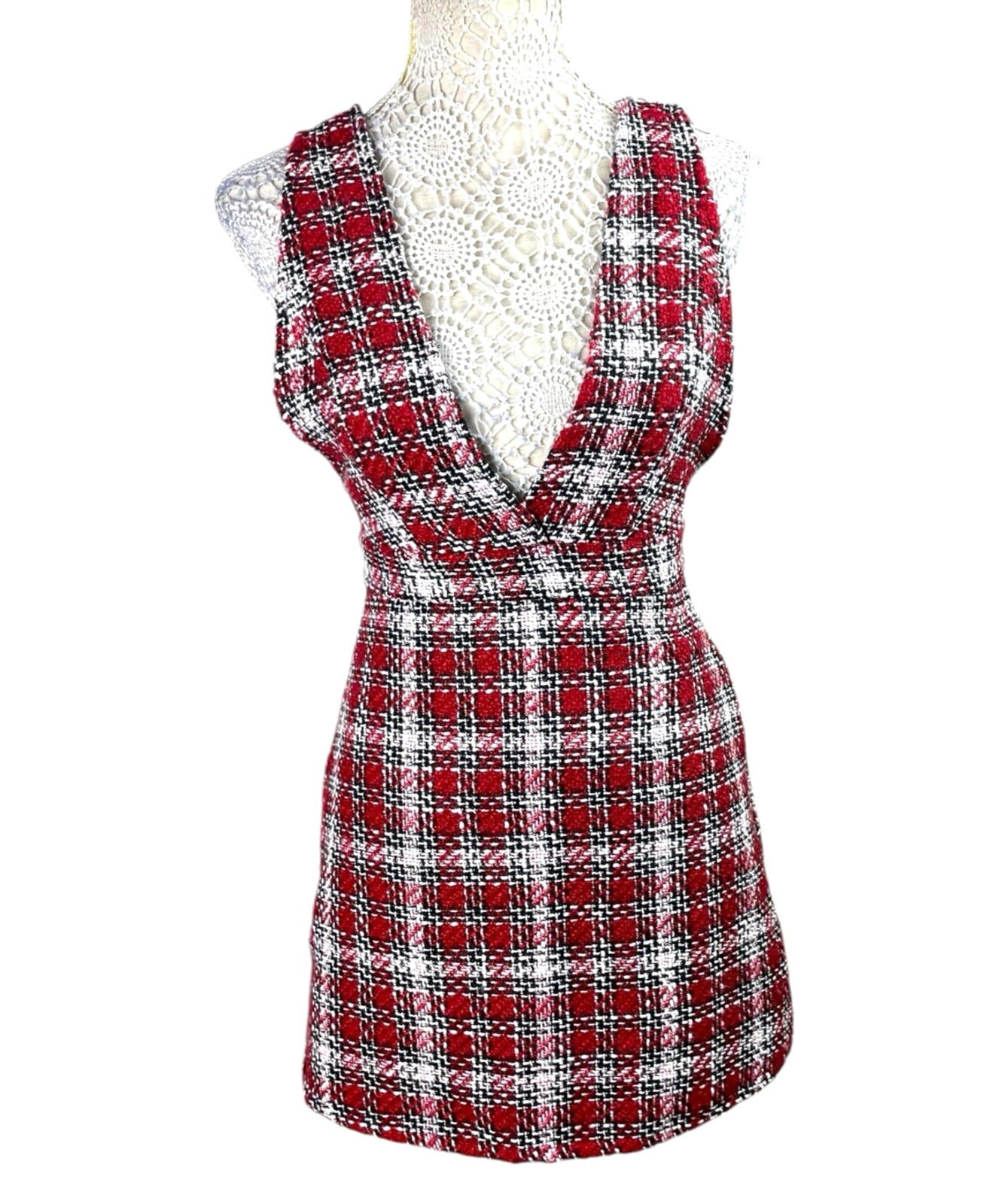 New Look Red Tartan Pinafore Mini Dress Women’s UK Size 8 Petite Boucle Tweed