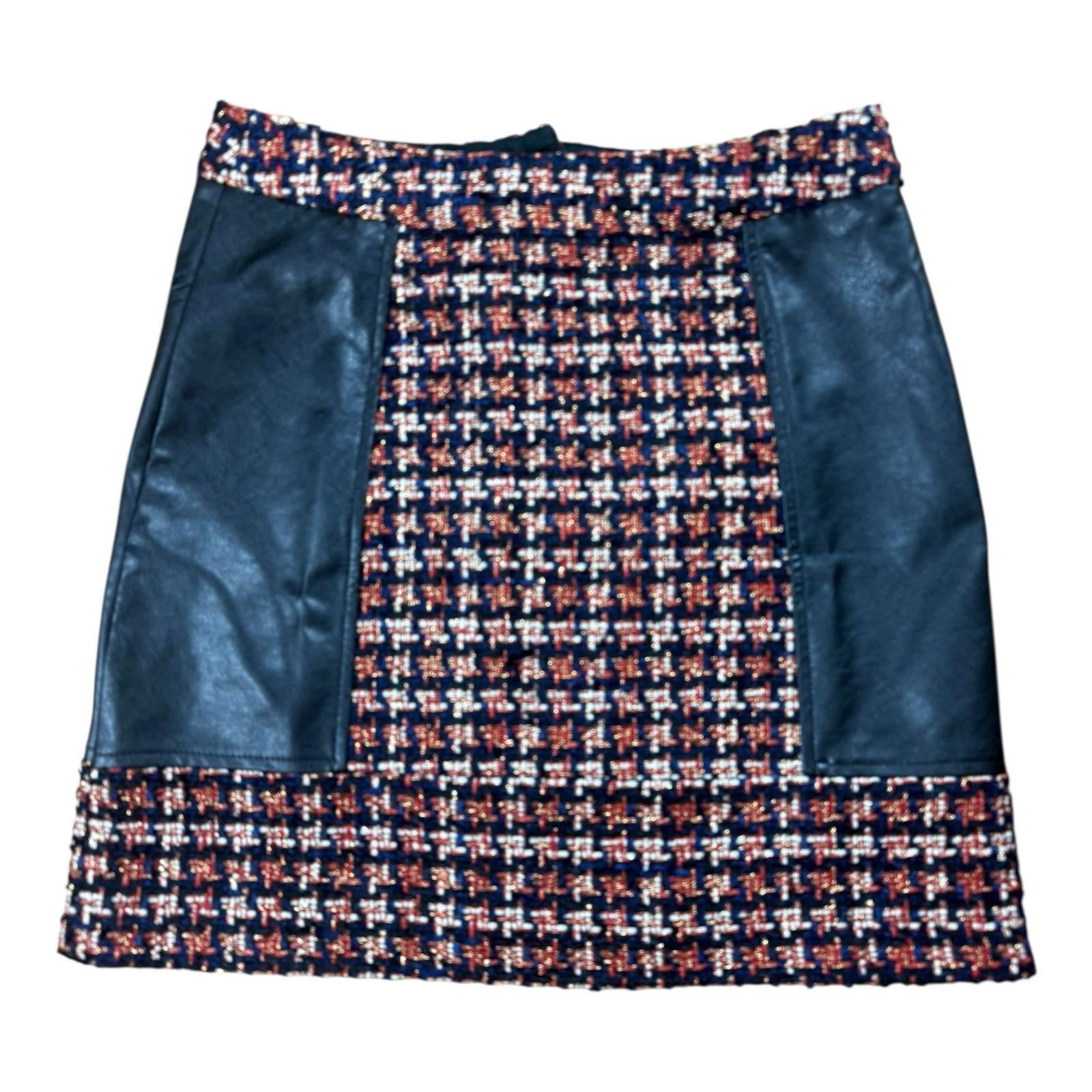 River Island Tweed A - Line Mini Skirt Faux Leather High Waist Women’s UK Size 8