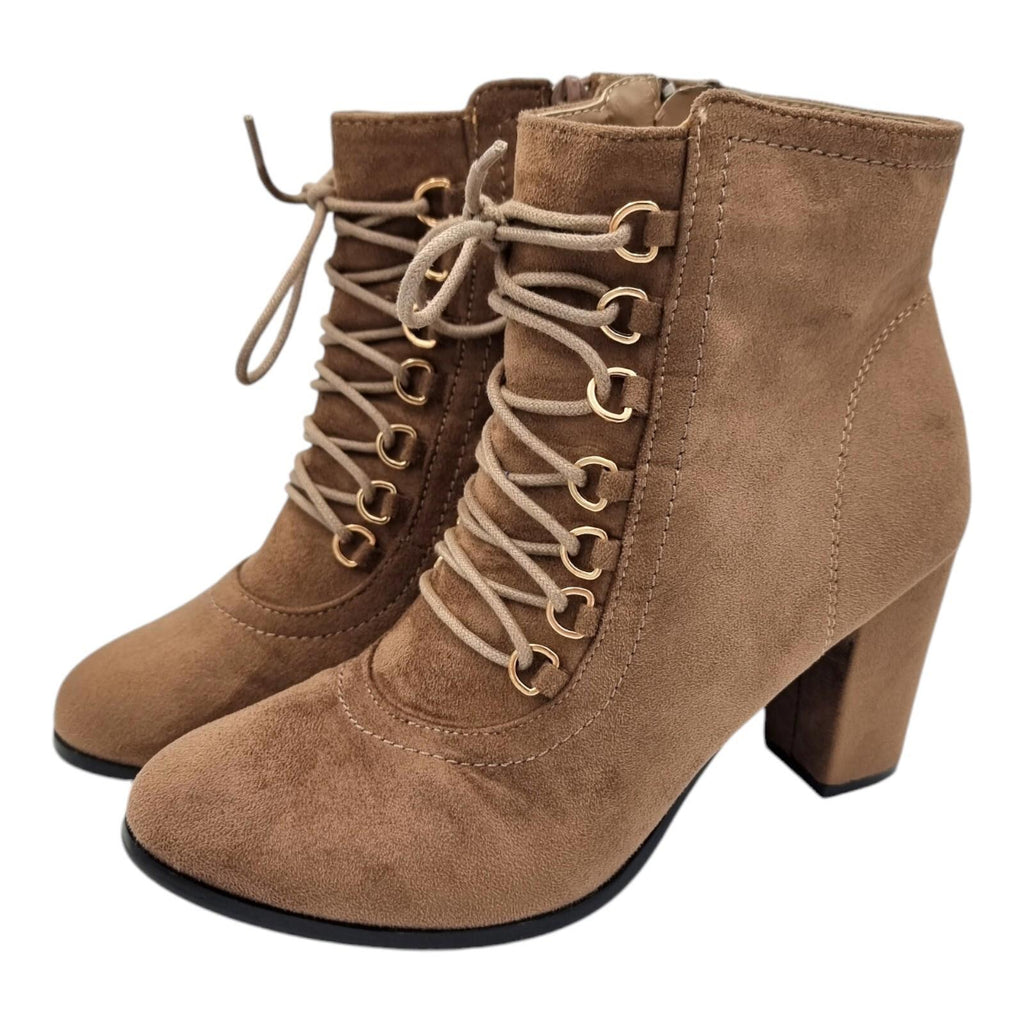 Laura Mode Beige Suede Lace Up Ankle Boots Women's UK Size 6.5 Block Heel Zip