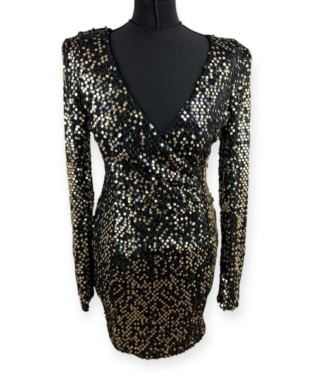 AX Paris Sequin Mini Dress Women’s UK Size 10 Long Sleeve Black Gold