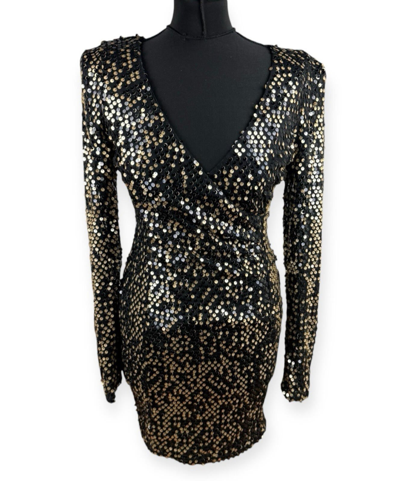 AX Paris Sequin Mini Dress Women’s UK Size 10 Long Sleeve Black Gold