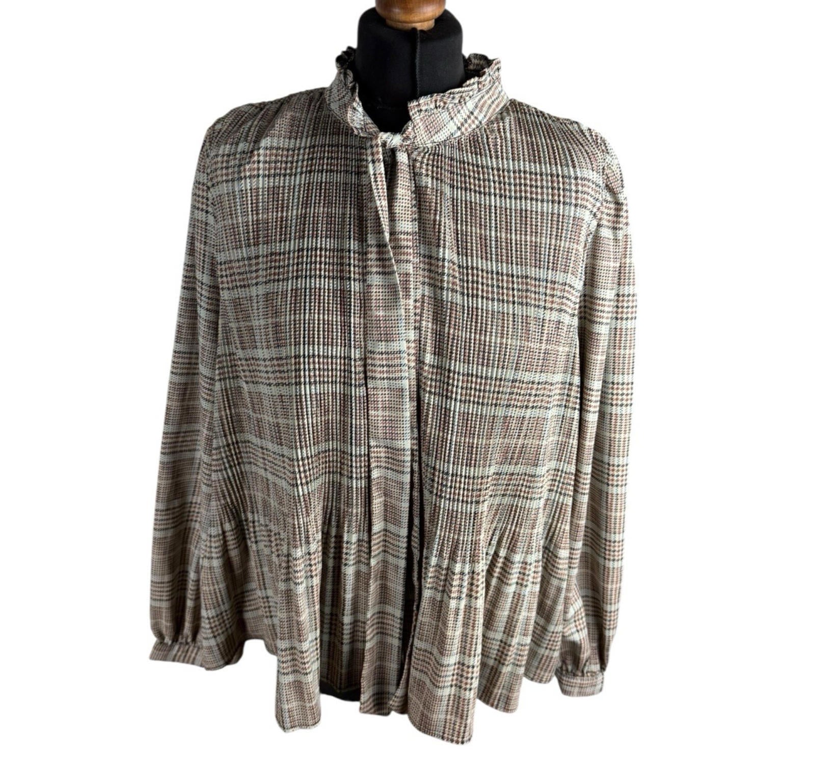 Zara Brown Beige Blouse Tie Neck Top Frilled Hem Women’s UK Size L