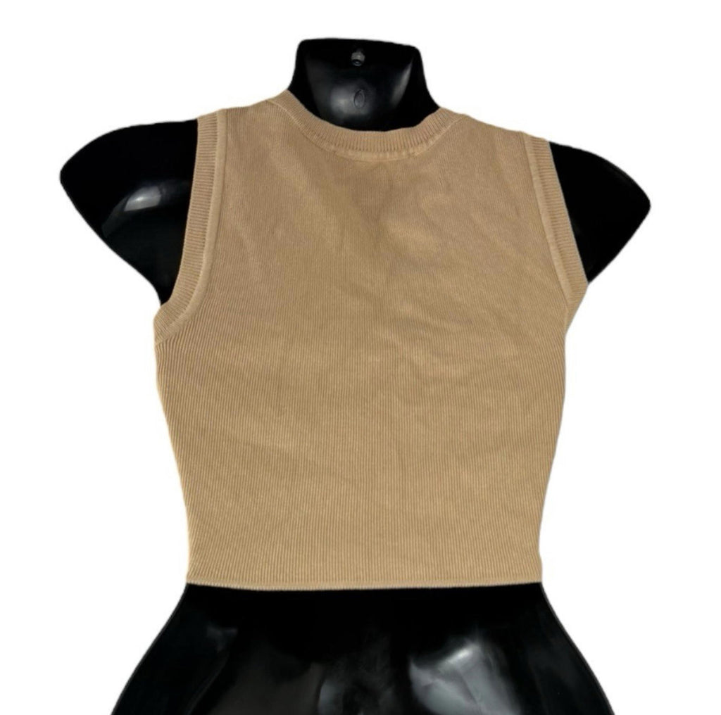 Zara Tan Knitted Crop Top Round Neck Tank Women’s UK Size S