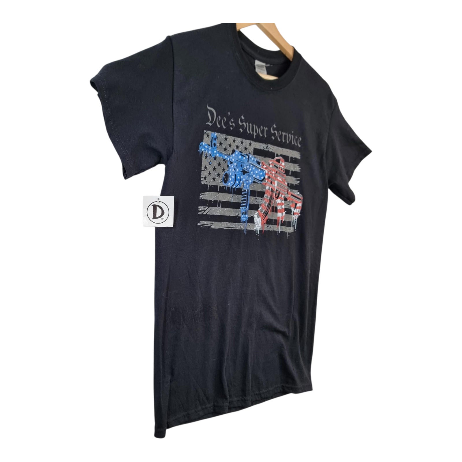 Graphic Print T-Shirt Men's UK Size S Black Dee's Super Service 100% Cotton