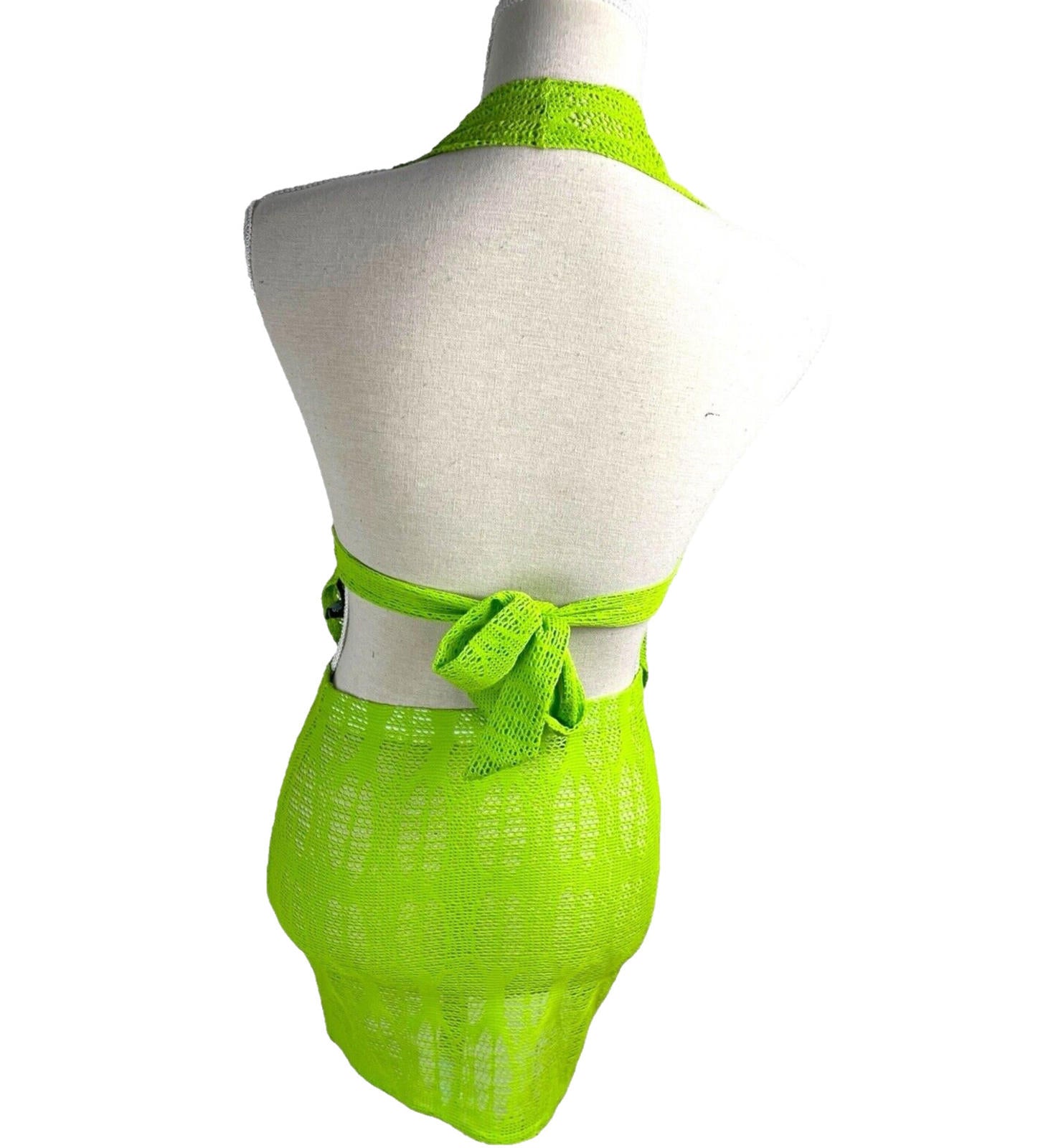Lime Green Knit Mesh Skirt Co Ord Set Cowl Halter Neck Women’s UK Size 8