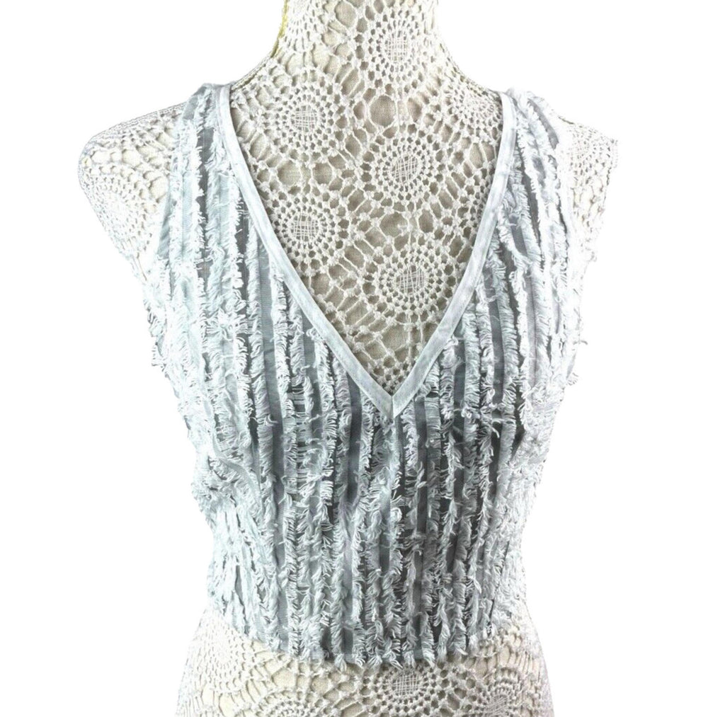 Pretty Little Thing Grey Mesh Vest Top Freyed Stripe Detail Women’s UK Size 8