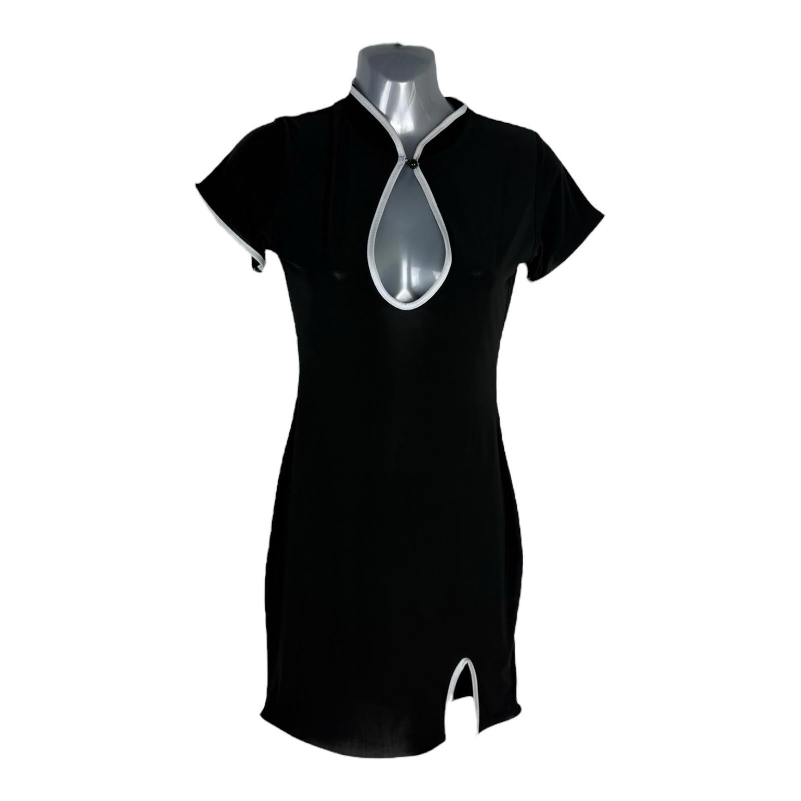 Global Black Mini Dress White Trim Low Cut Side Slit Women’s UK Size 8