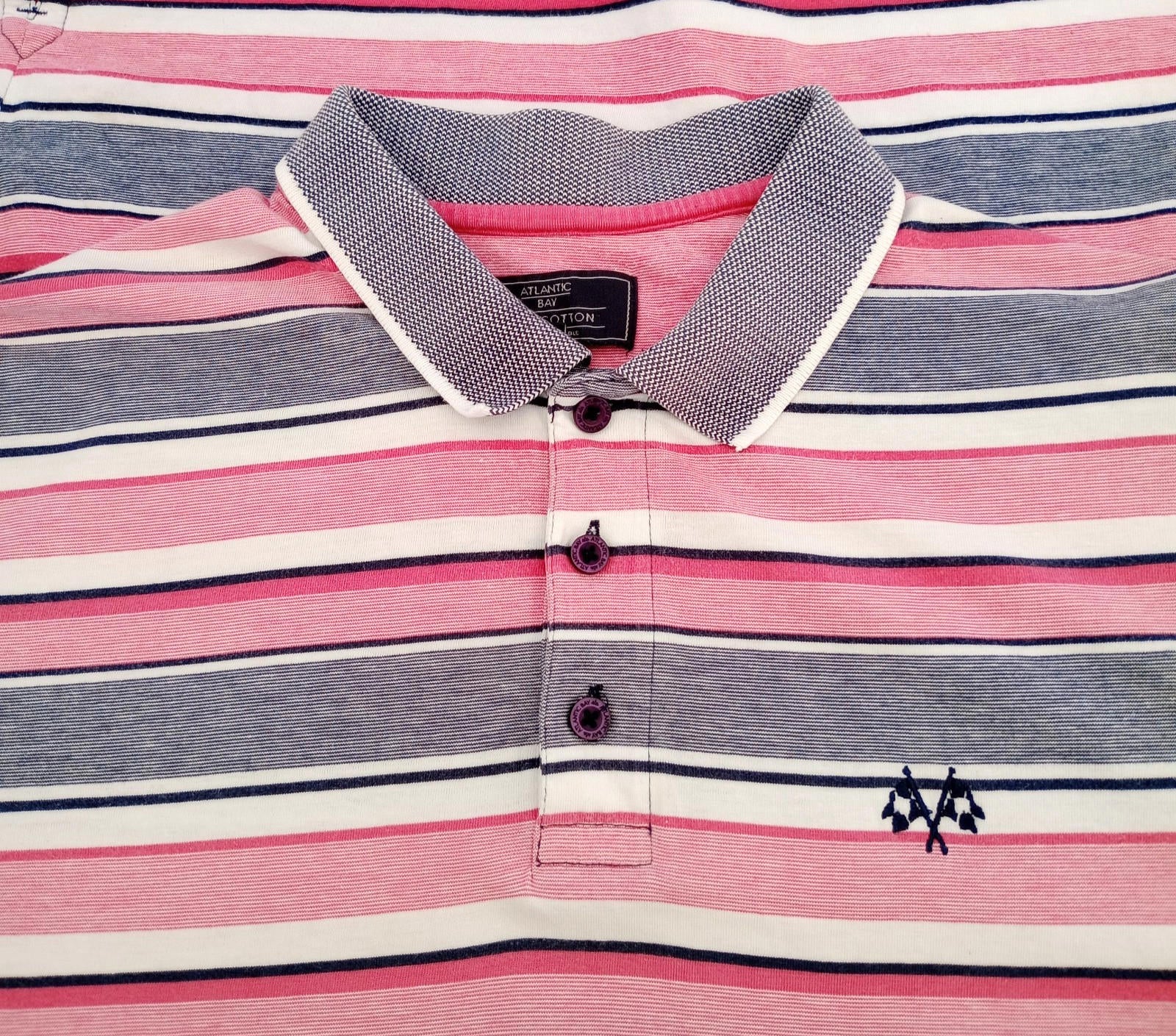 BHS Striped Polo Shirt Men's UK Size M Pink Grey 100% Cotton Embroidered Logo