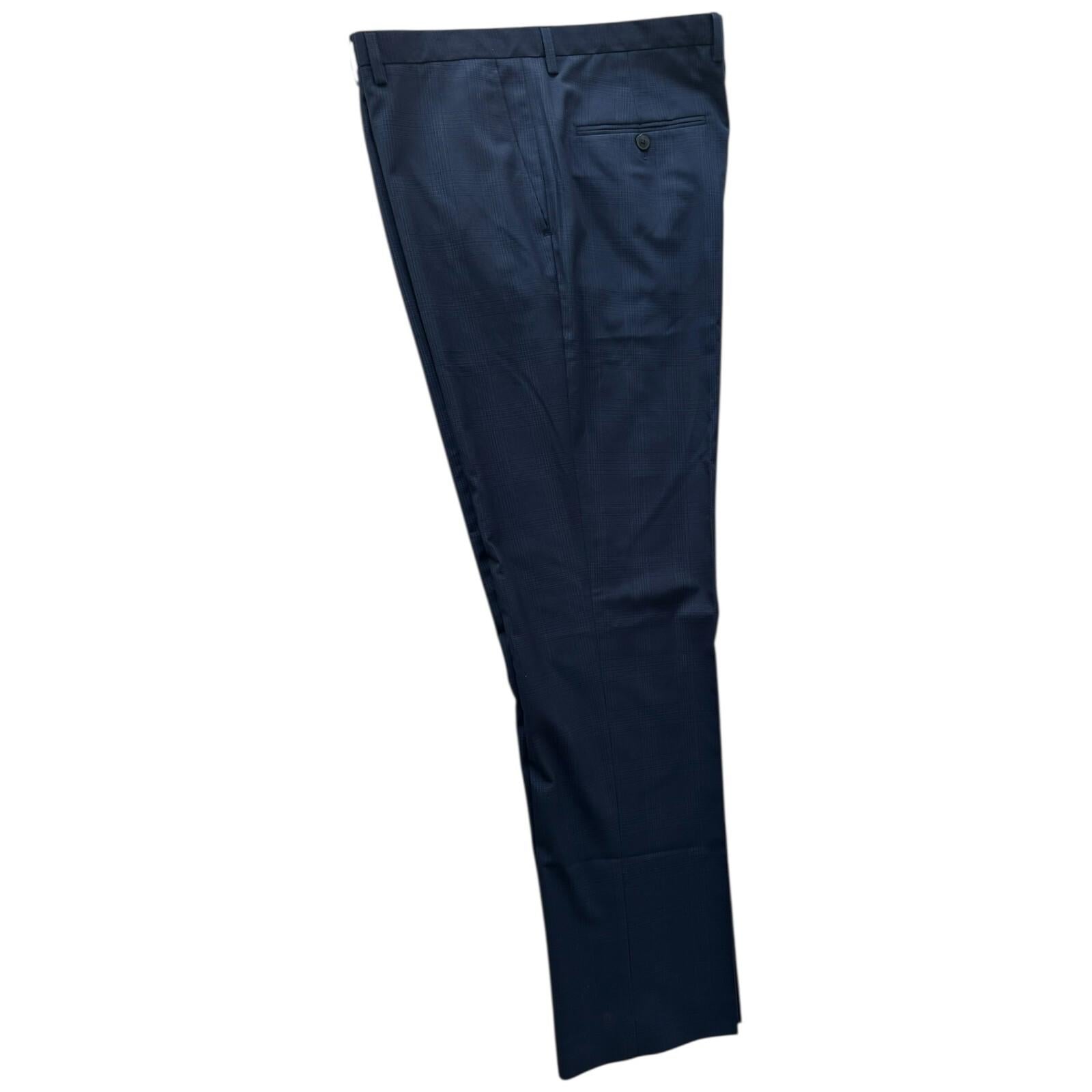 Tailered Fit Trousers Men's UK Size W38 L33 Navy Blue Check Formal Pleated Front