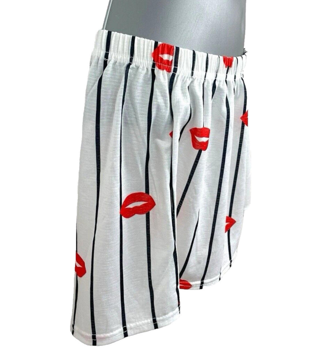 PLT Pajama Shorts Women’s UK Size 8 White Striped & Lip Print Elasticated Waist