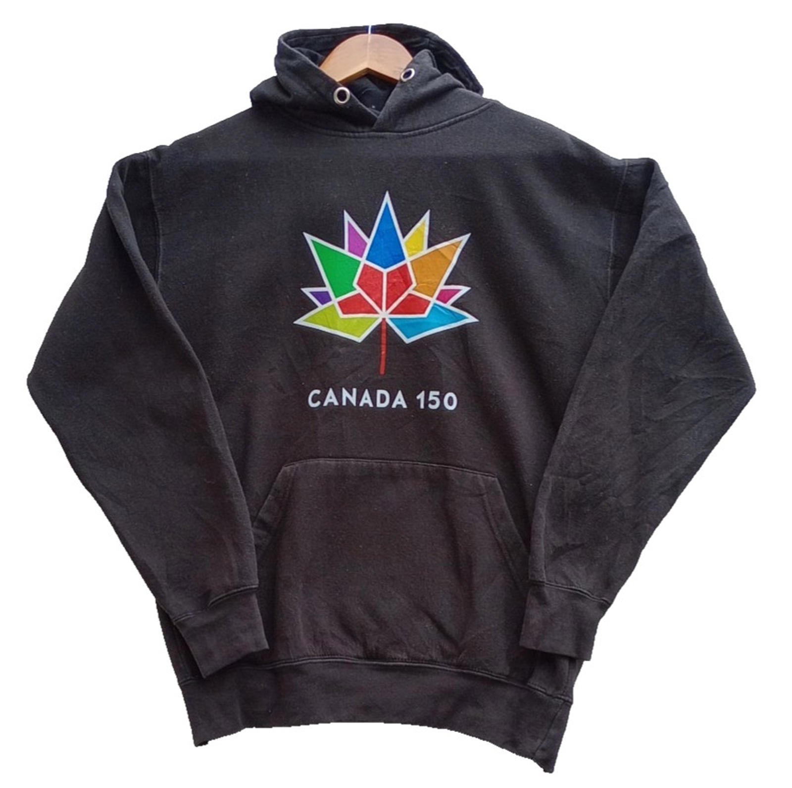 150th Canada Celebration Hoodie Men's UK Size S Black Jersey Hooded Pockets