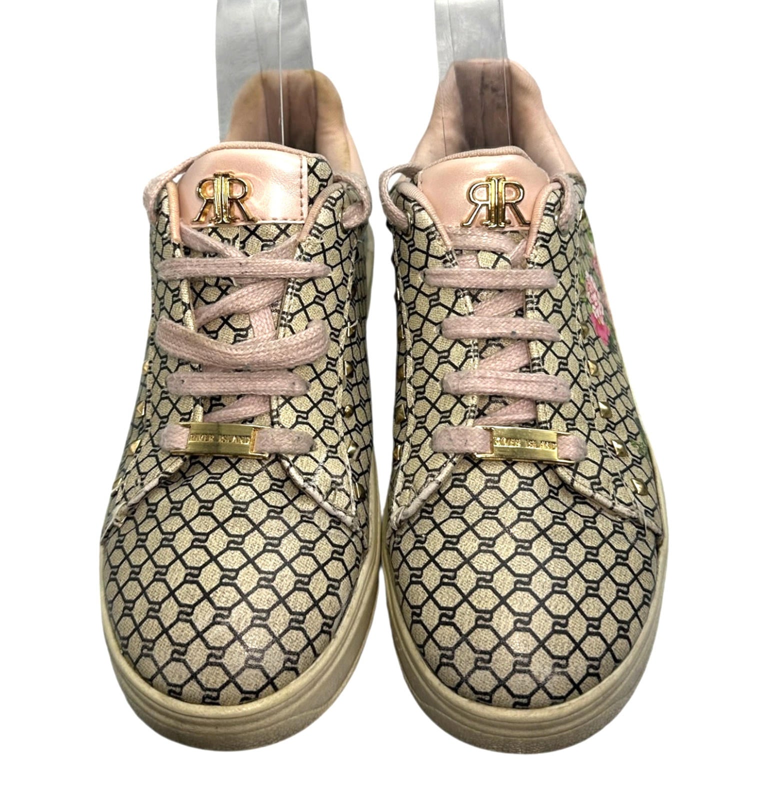 River Island Pumps Women's UK Size 1 Beige Floral Print Chrome Accents Lace Up