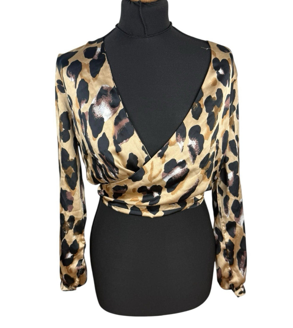 Boohoo Satin Croptop Leopard Print Backless V Neck Women’s UK Size 12