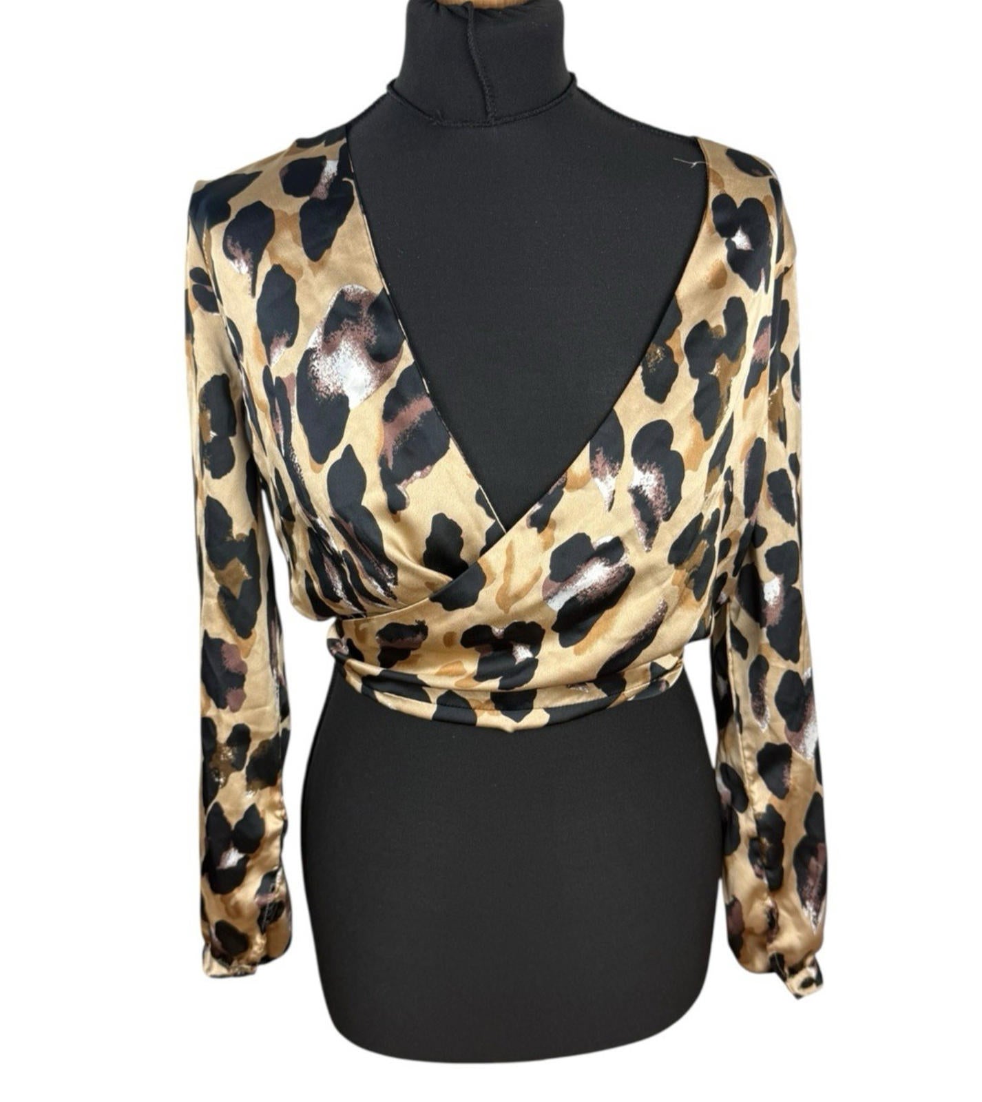 Boohoo Satin Croptop Leopard Print Backless V Neck Women’s UK Size 12