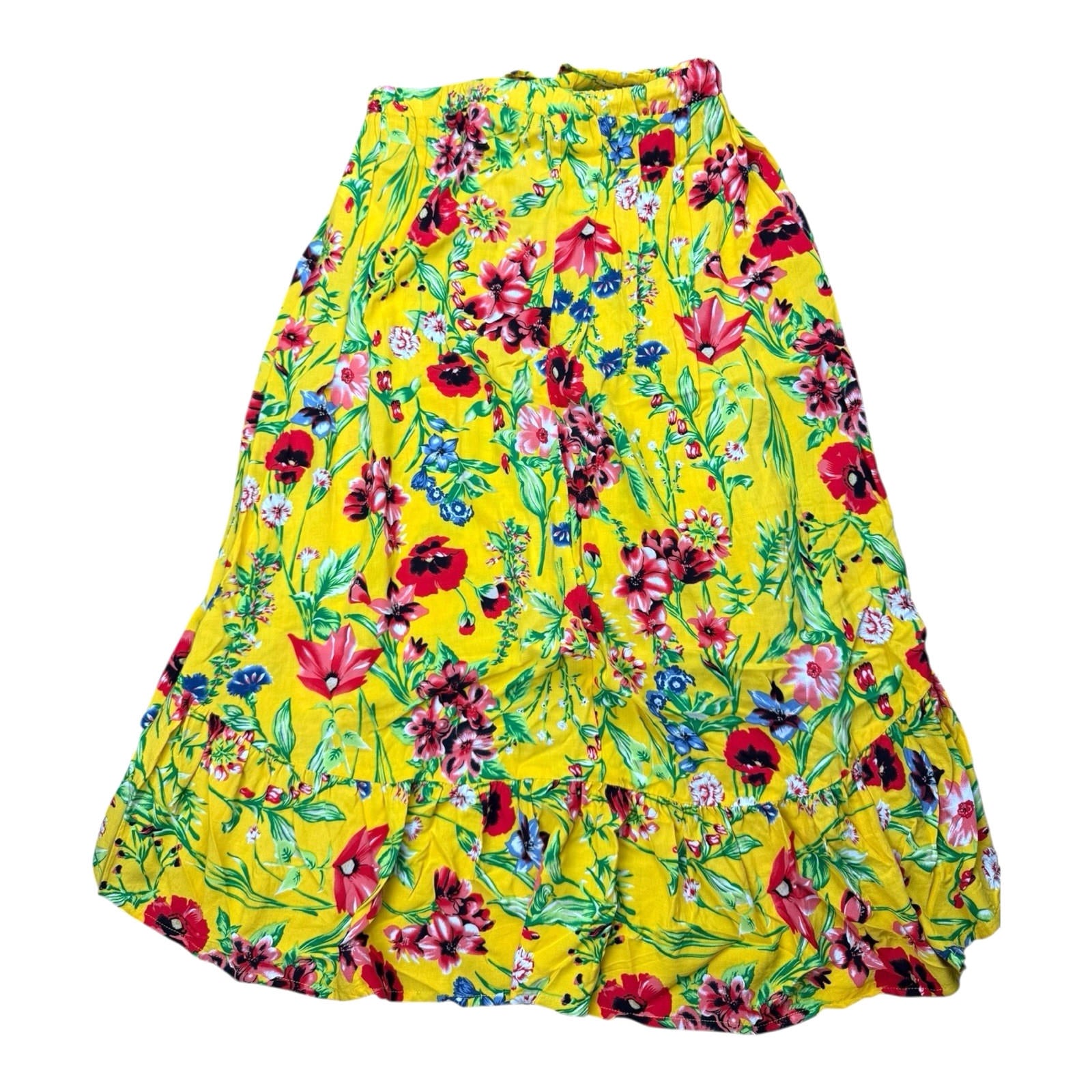 High Low Floral Skirt Women’s UK Size 12 Yellow Elasticated Waist Ruffled Hem