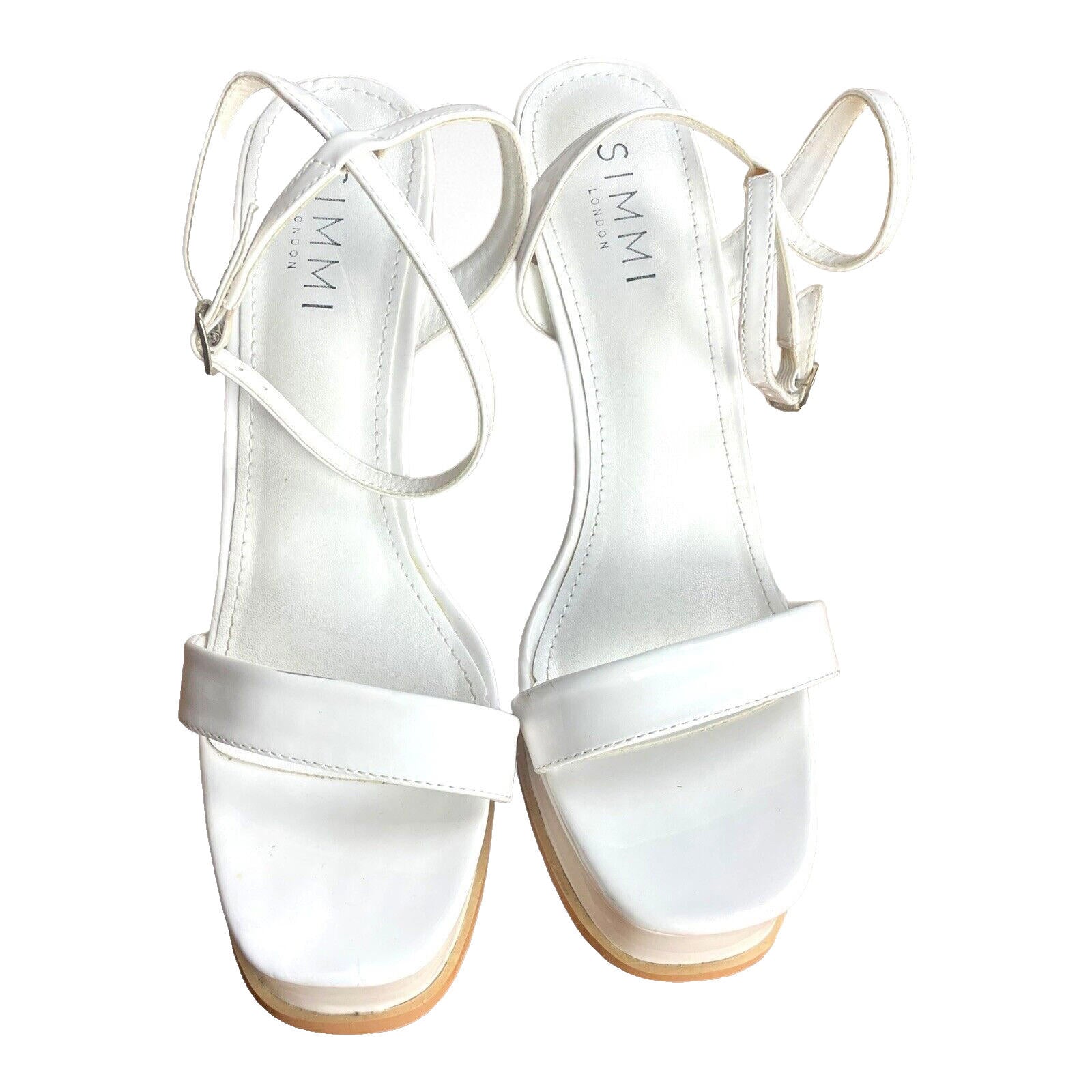 Simmi Platform Block Heel Sandals Women’s UK Size 6 Wide Fit White Patent Shoes