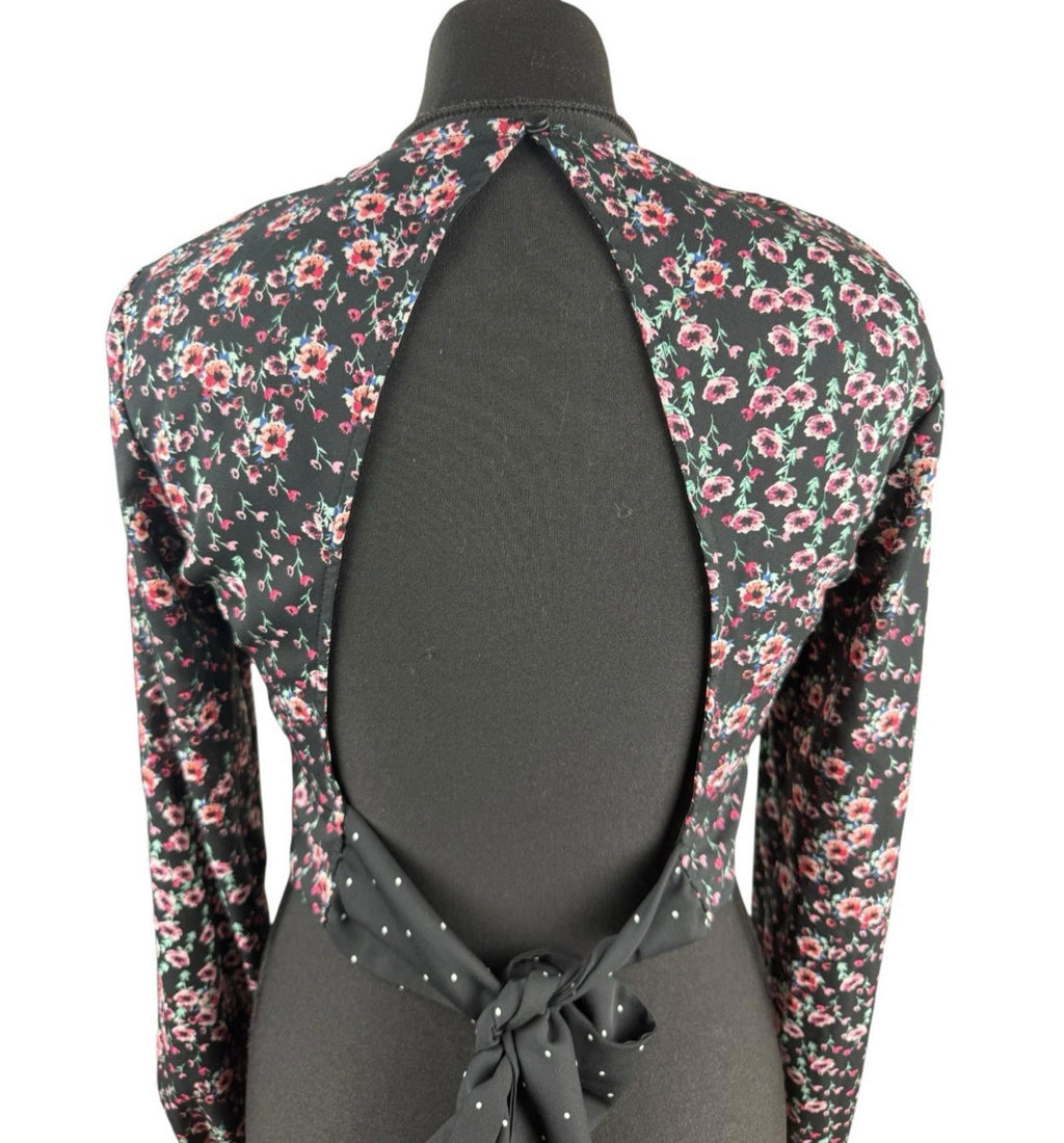 Topshop Black Floral Croptop Backless Hugh Neck Long Sleeve Women’s UK Size 10
