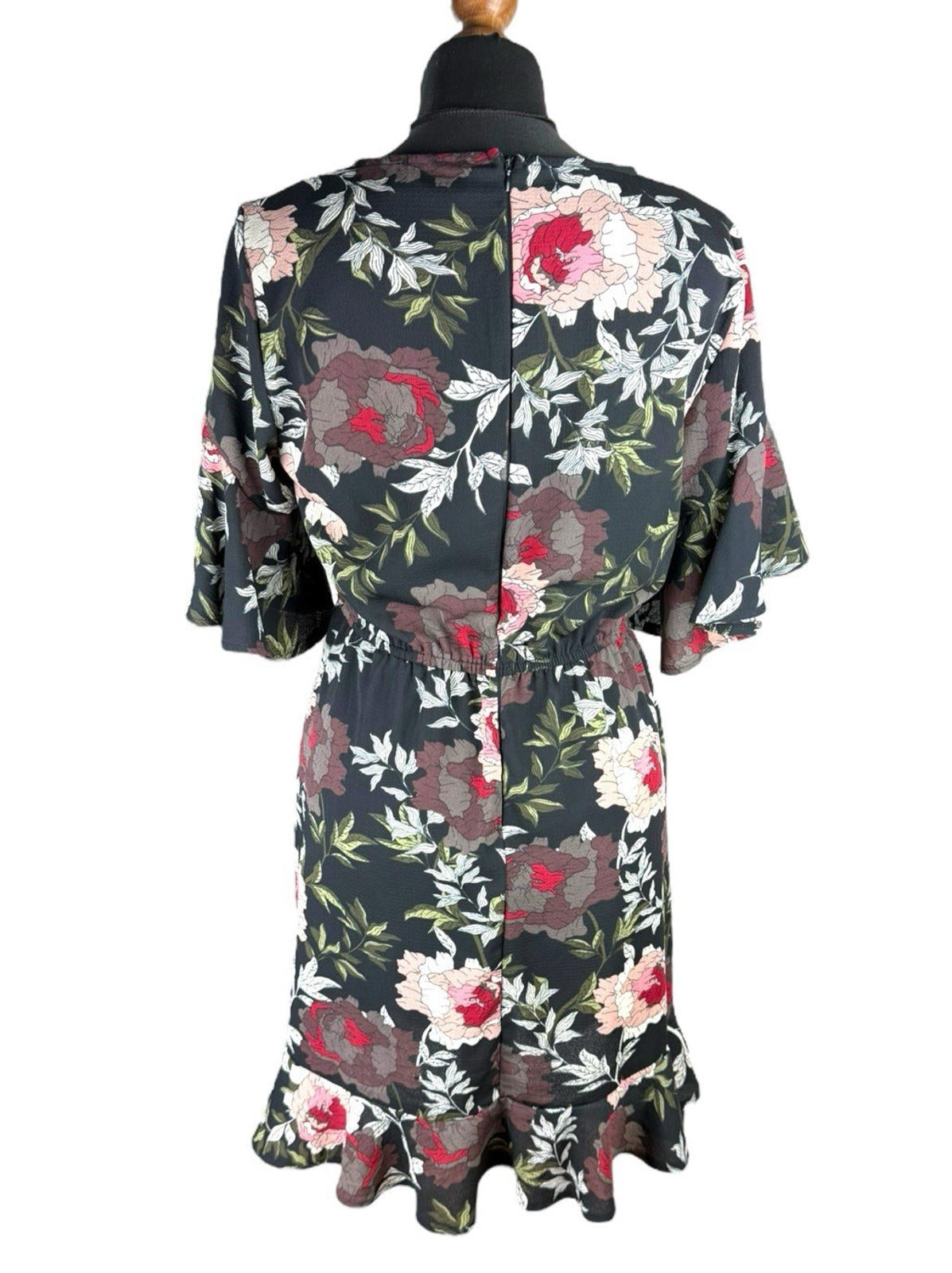 AX Paris Dress Black Floral Wrap Front Frill Knee Length Women’s UK Size 10