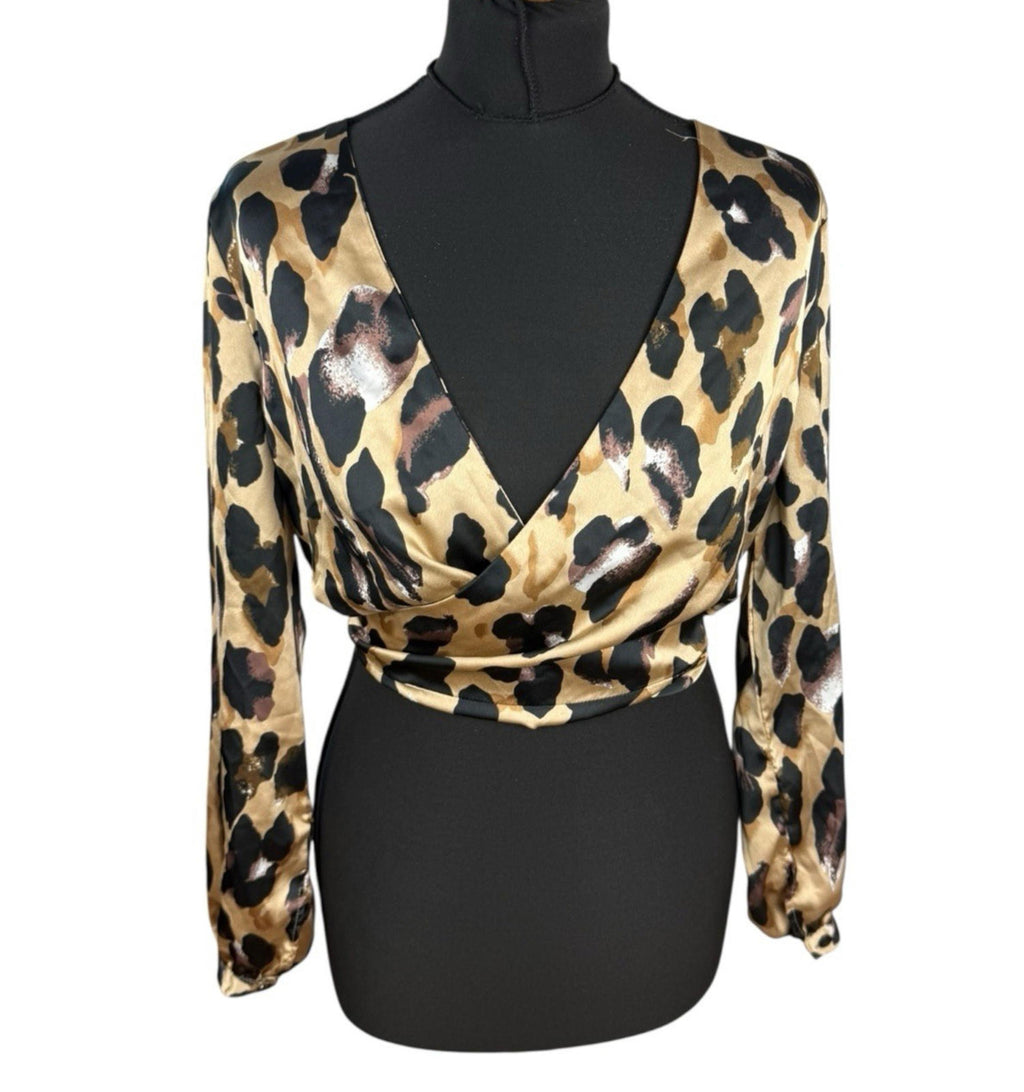 Boohoo Satin Croptop Leopard Print Backless V Neck Women’s UK Size 12
