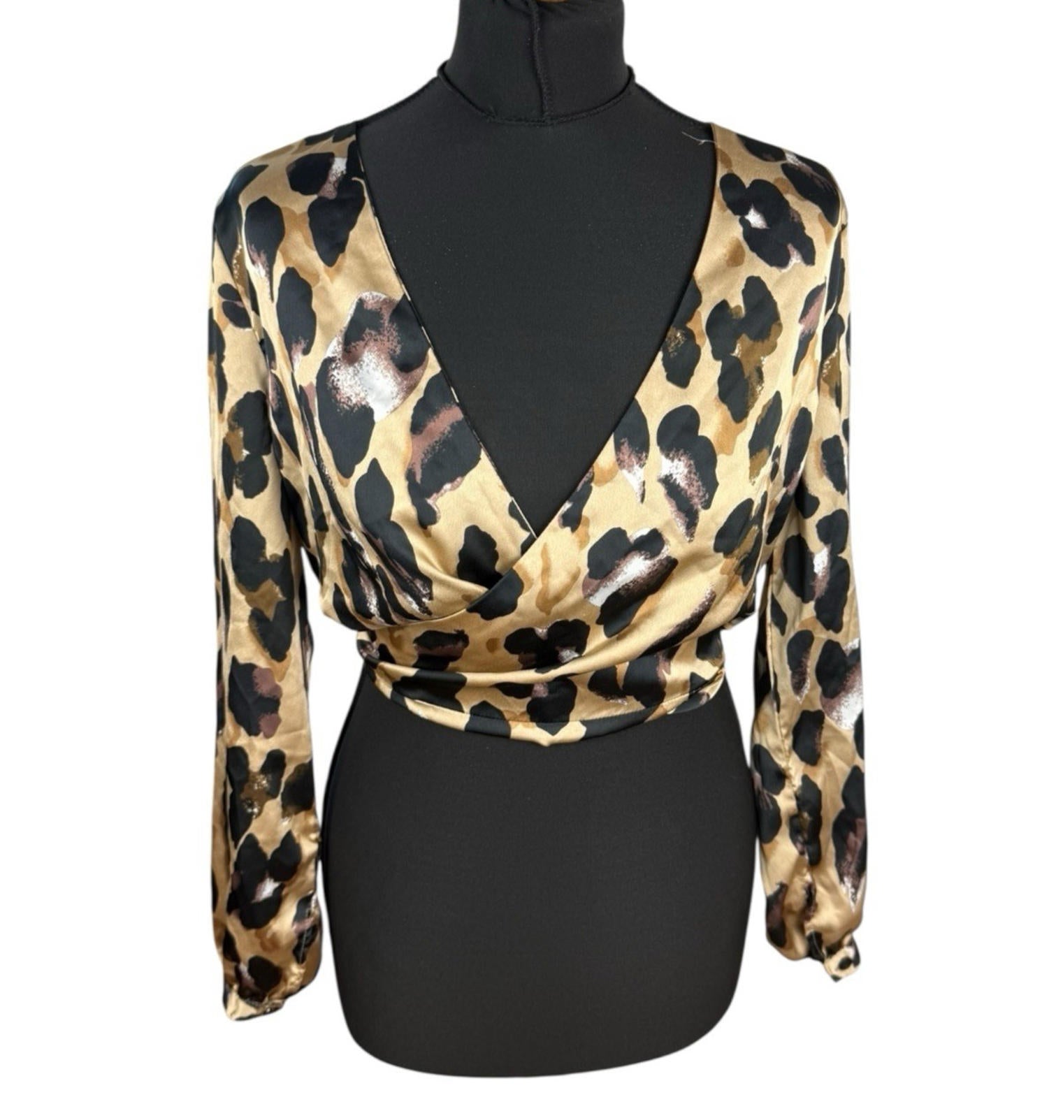 Boohoo Satin Croptop Leopard Print Backless V Neck Women’s UK Size 12