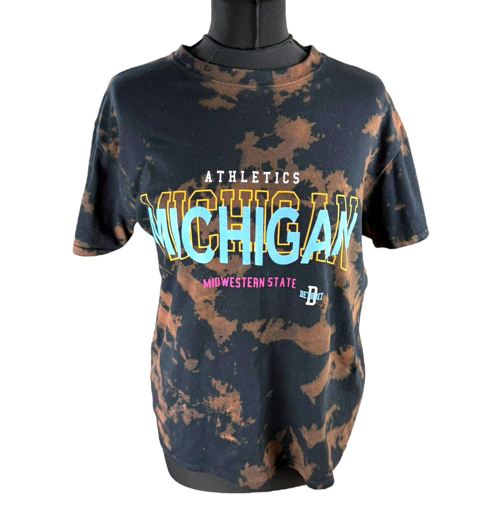 Tie-Dye Graphic Print T-Shirt Women’s UK Size S Black Brown Michigan Crew Neck