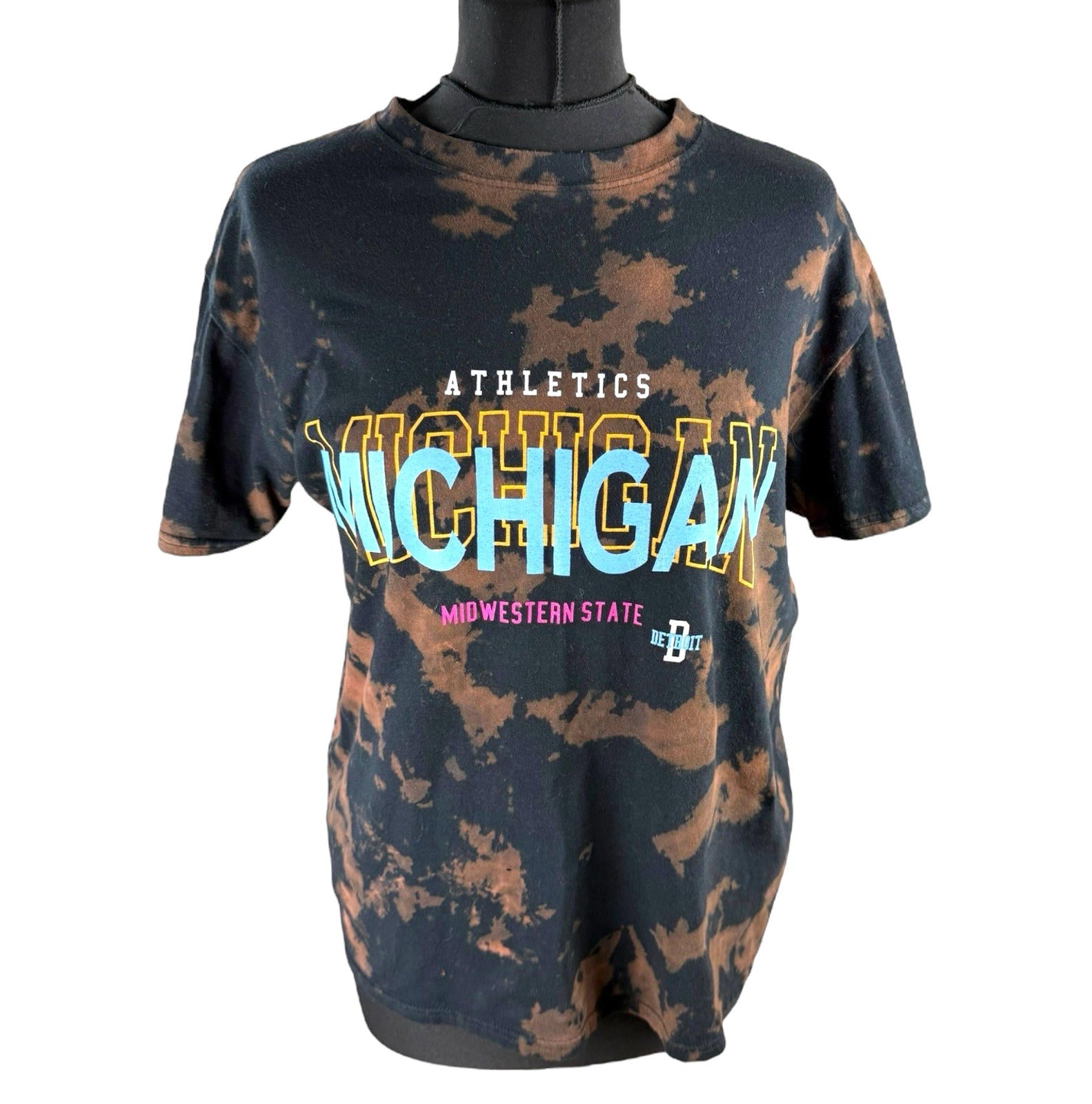 Tie-Dye Graphic Print T-Shirt Women’s UK Size S Black Brown Michigan Crew Neck