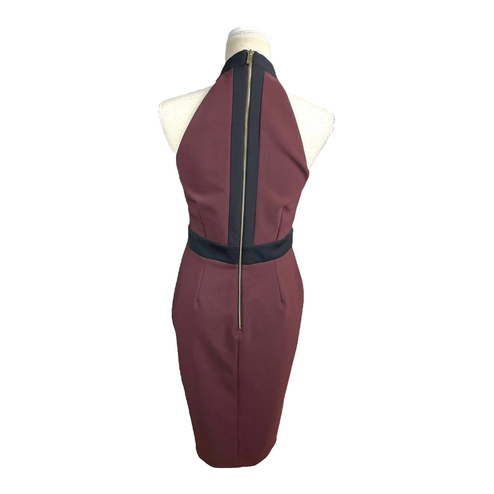 River Island Burgandy Midi Dress Bodycon Black Trim Women’s UK Size 12