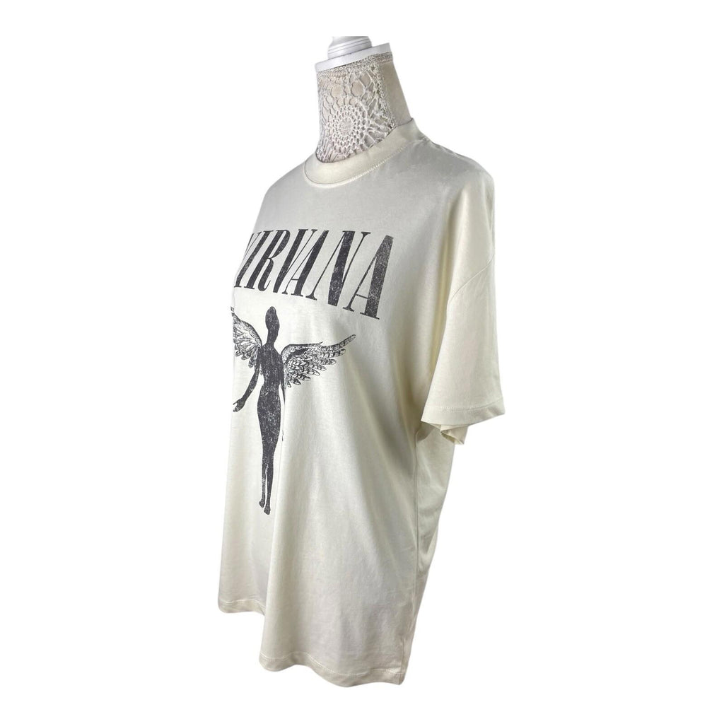 Stradivarius Nirvana T-Shirt Over Sized Beige Graphic Print Women’s UK Size XS