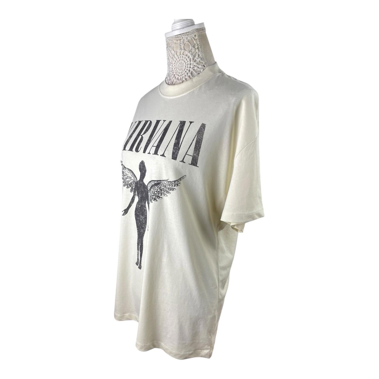 Stradivarius Nirvana T-Shirt Over Sized Beige Graphic Print Women’s UK Size XS