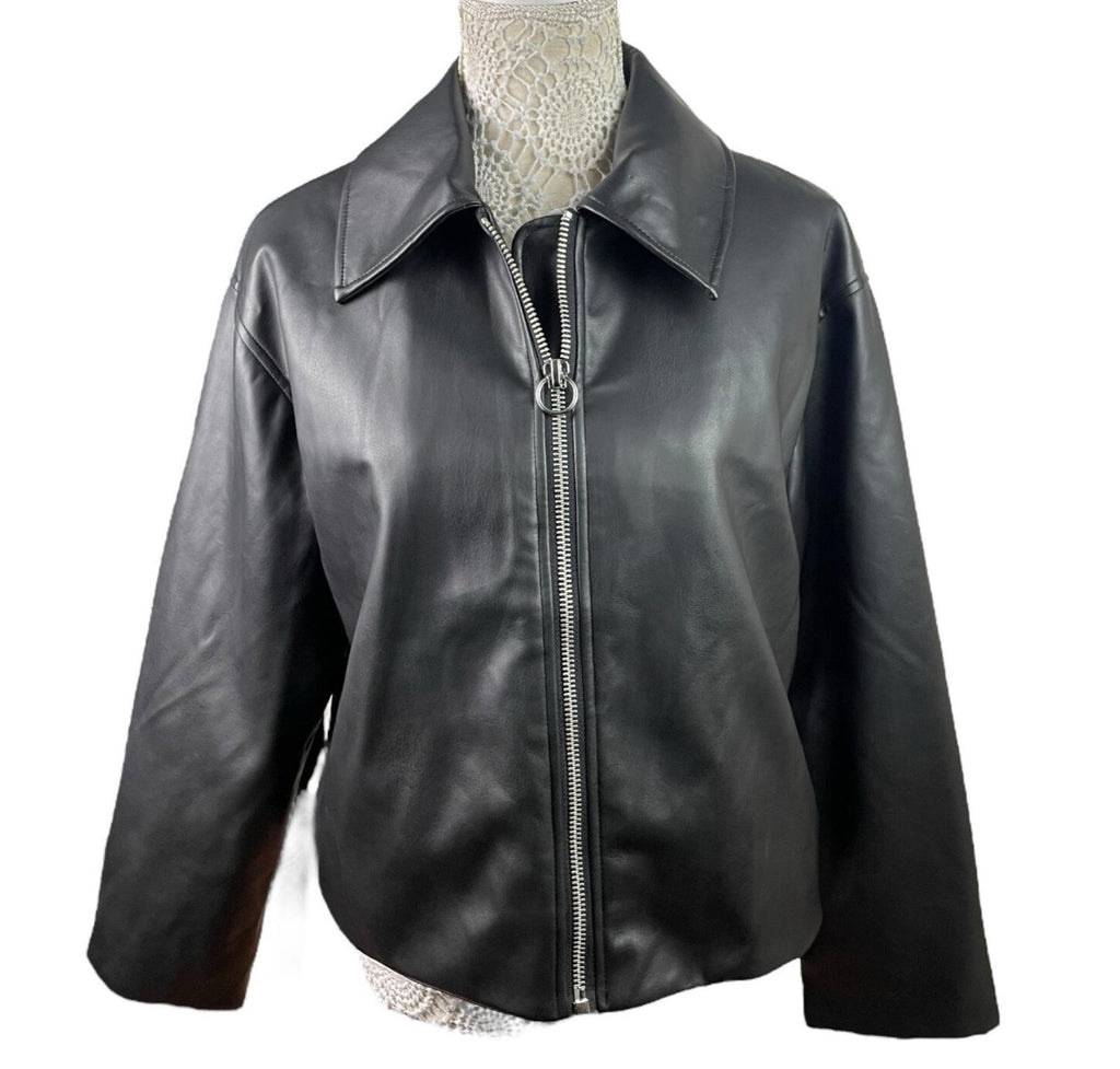ASOS Faux Leather Jacket Women's UK Size 6 Black Zip Front Oversized Big Collar
