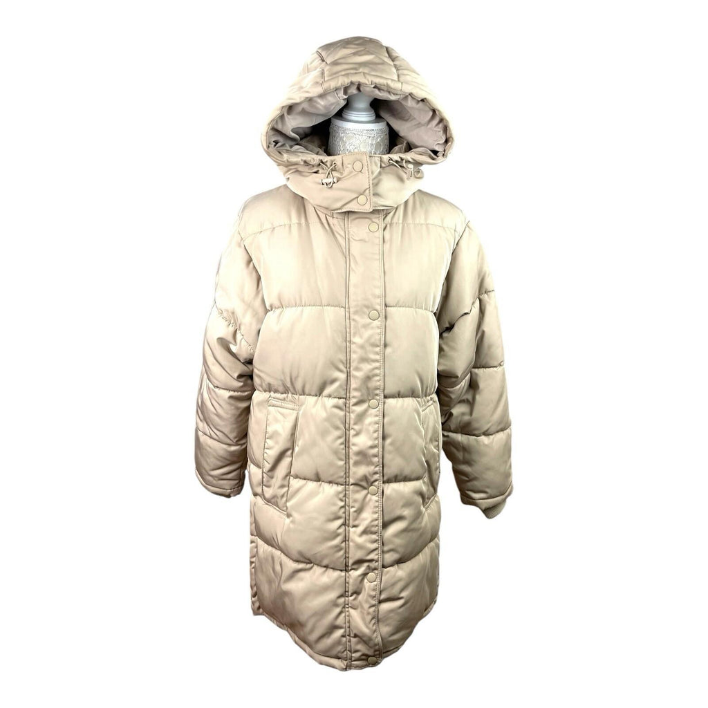 Pull & Bear Puffer Jacket Women's UK Size XS Beige Relaxed Fit Removable Hood