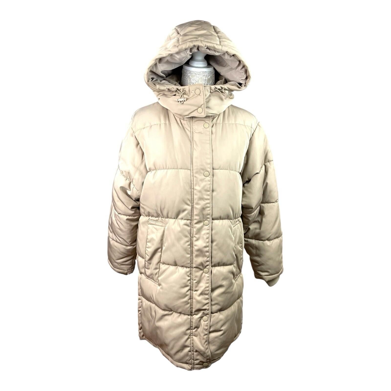 Pull & Bear Puffer Jacket Women's UK Size XS Beige Relaxed Fit Removable Hood