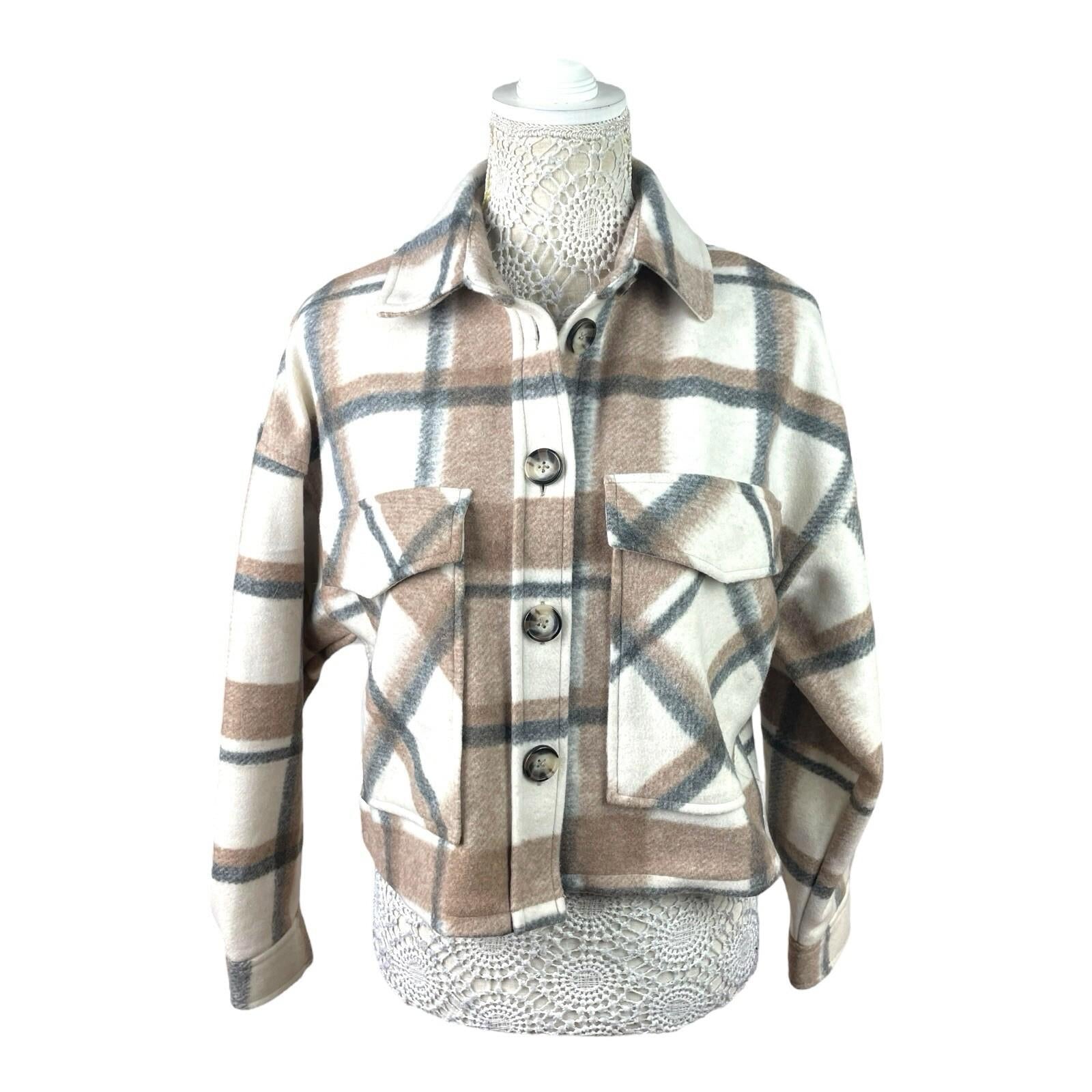 Stradivarius Beige Check Shacket Cropped Brushed Women’s UK Size XS