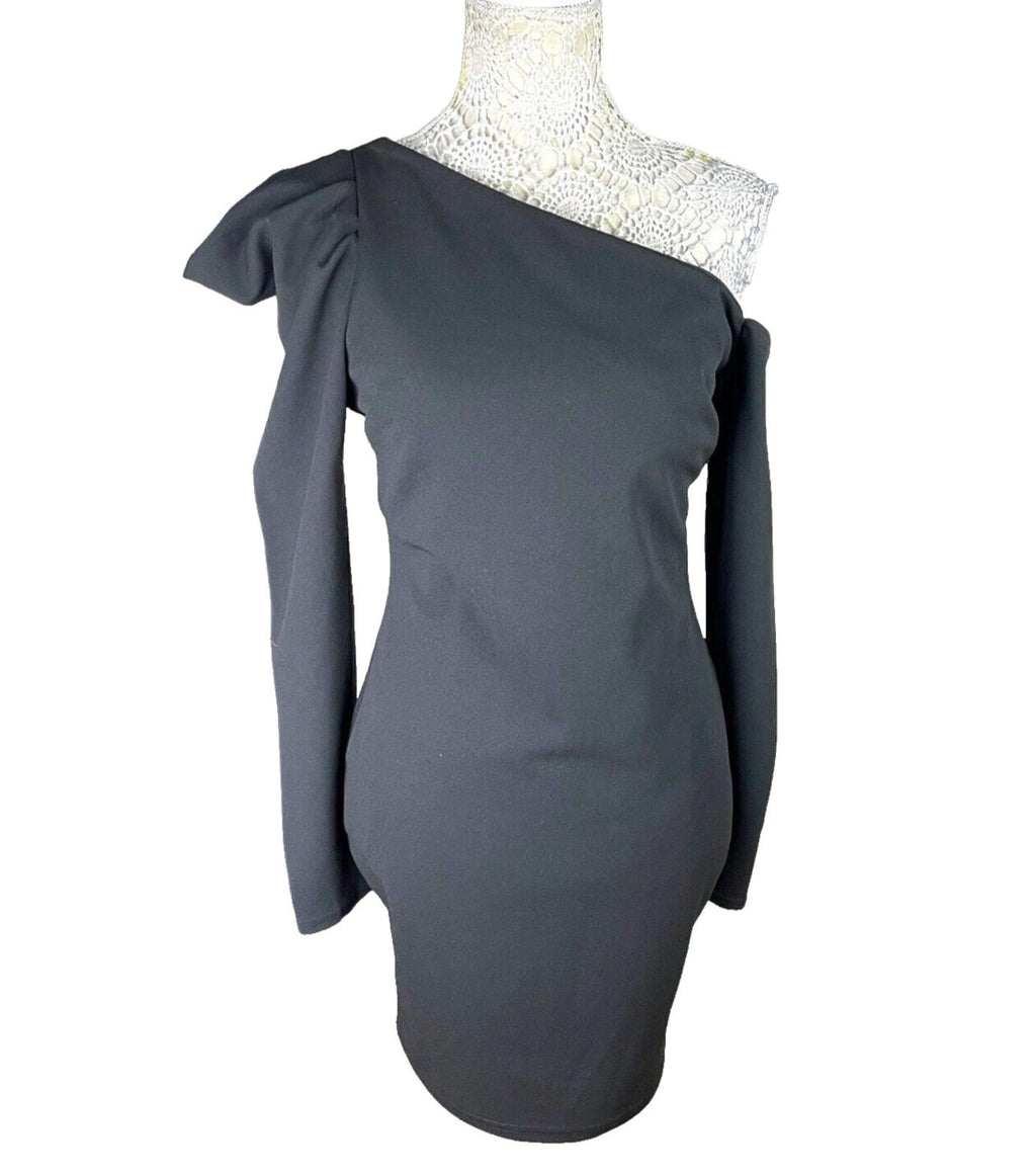 River Island Black Mini Dress One Shoulder Puff Sleeve Women’s UK Size 12