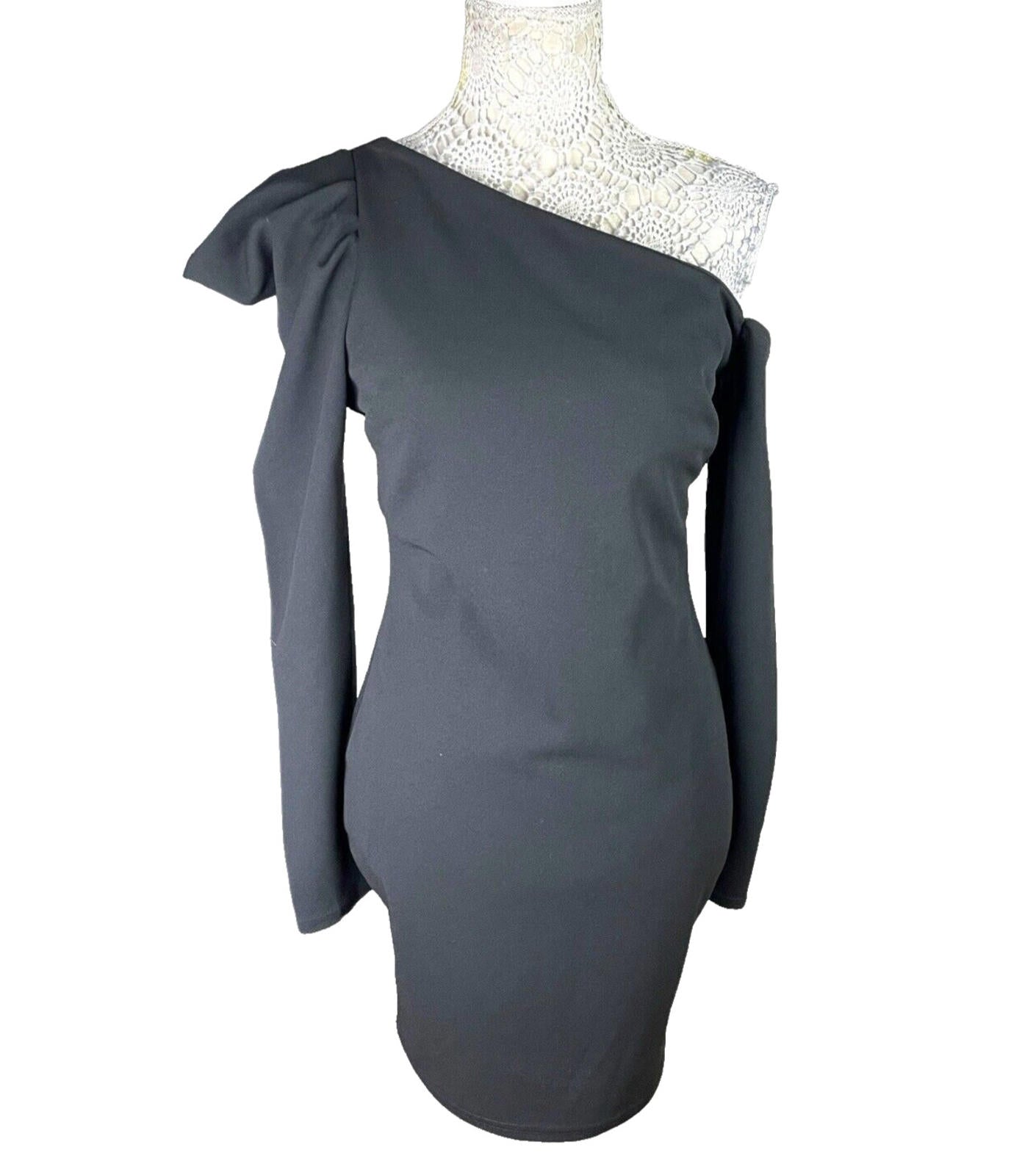 River Island Black Mini Dress One Shoulder Puff Sleeve Women’s UK Size 12