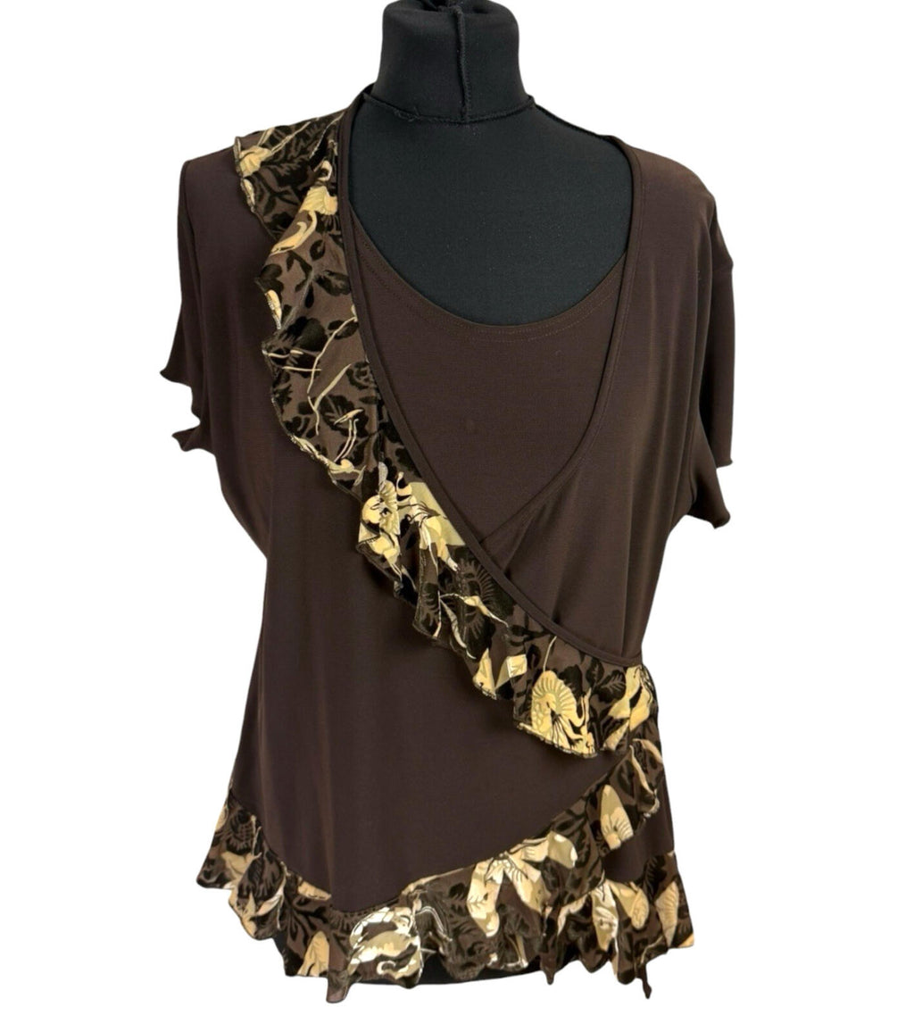Saloos Skirt And Top Co Ord Set Women’s UK Size XL Stretch Floral Frill Brown