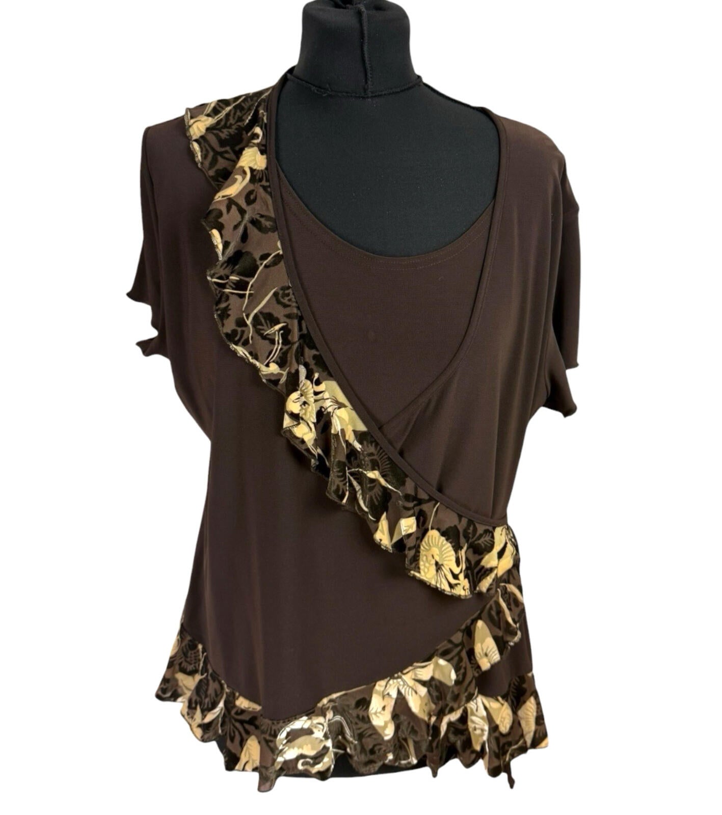 Saloos Skirt And Top Co Ord Set Women’s UK Size XL Stretch Floral Frill Brown