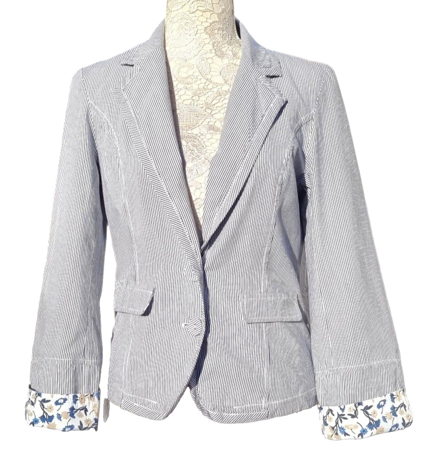 Blue Stripe Blazer Jacket Cotton White Pinstripes Size 10