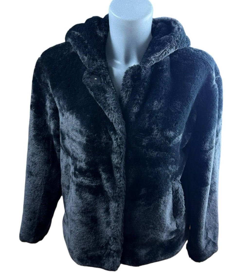 Primark Faux Fur Hooded Coat Jacket Women’s UK Size 2XS Black Snap Button Lined