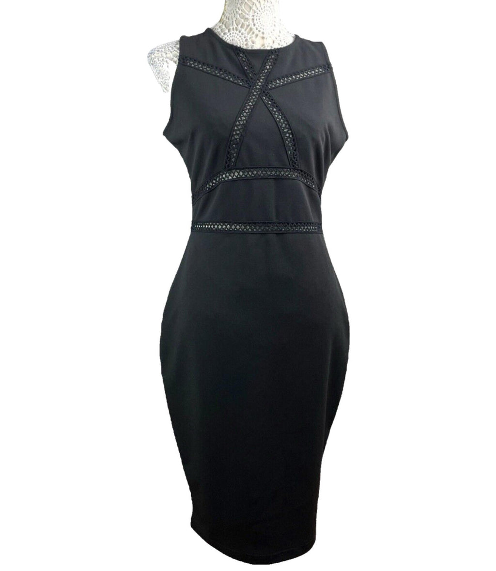 River Island Black Pencil Dress Sheer Panel Detail Midi Women’s UK Size 12