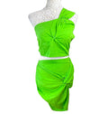 Ruched Skirt & Crop Top Set Women’s UK Size 8 Bright Green Sarong One Shoulder